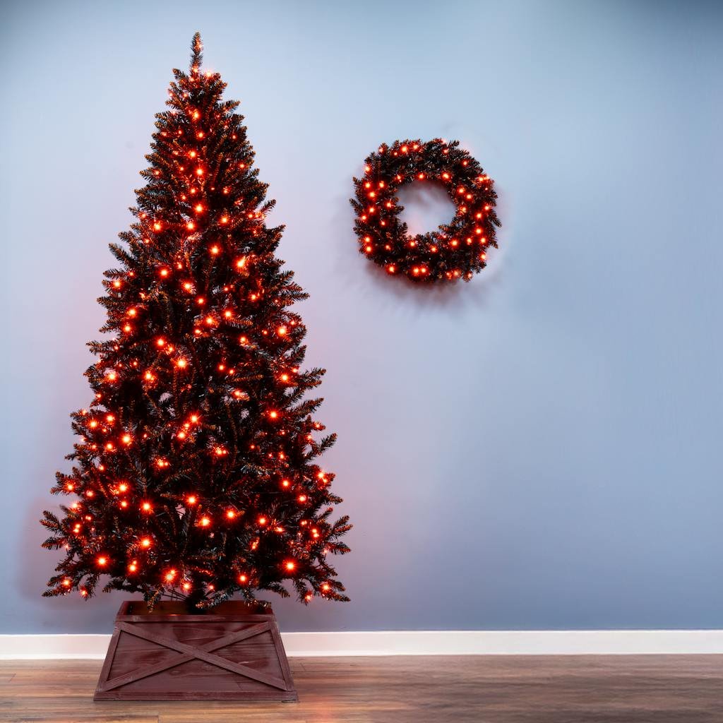 Christmas Tree World 7ft Pre-Lit Hallowshade Fir Tree - Orange Lights