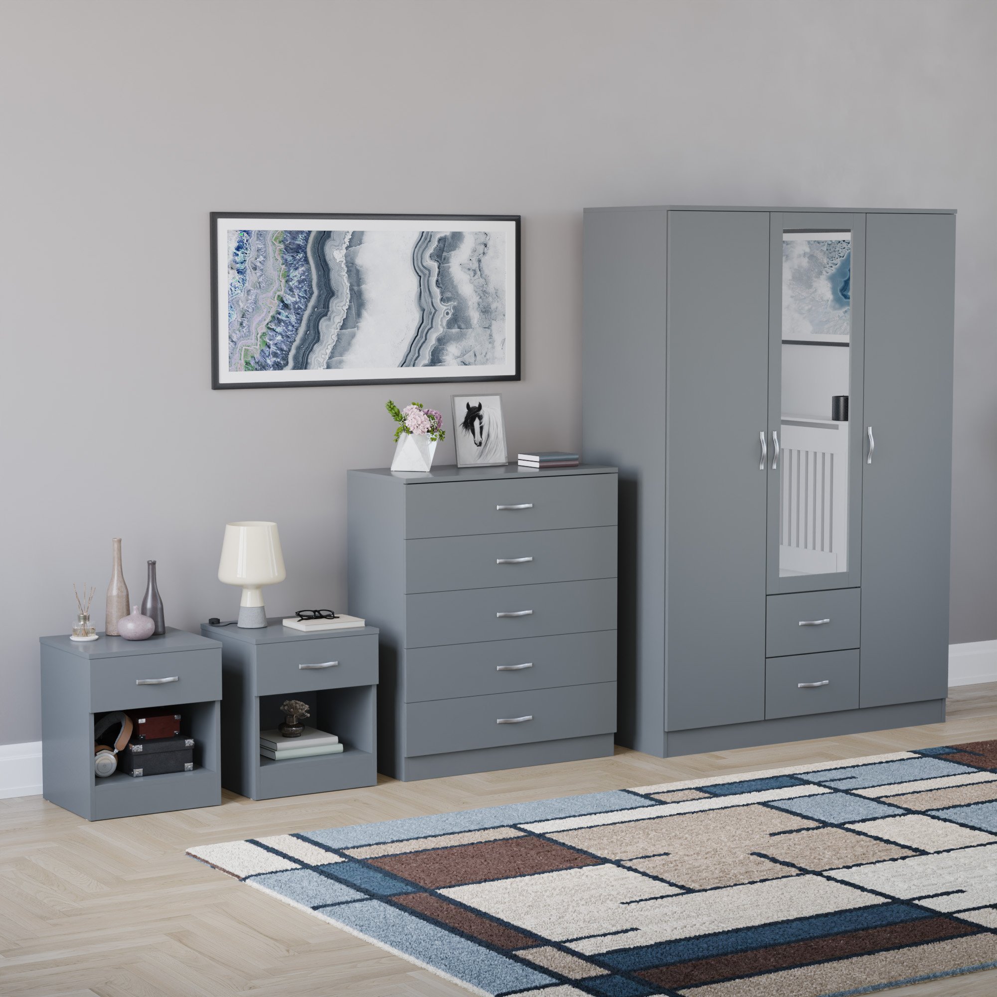 Vida Designs Riano Bedroom Set (Bedsides, 4 Drawer Chest, Mirror Wardrobe)- Grey