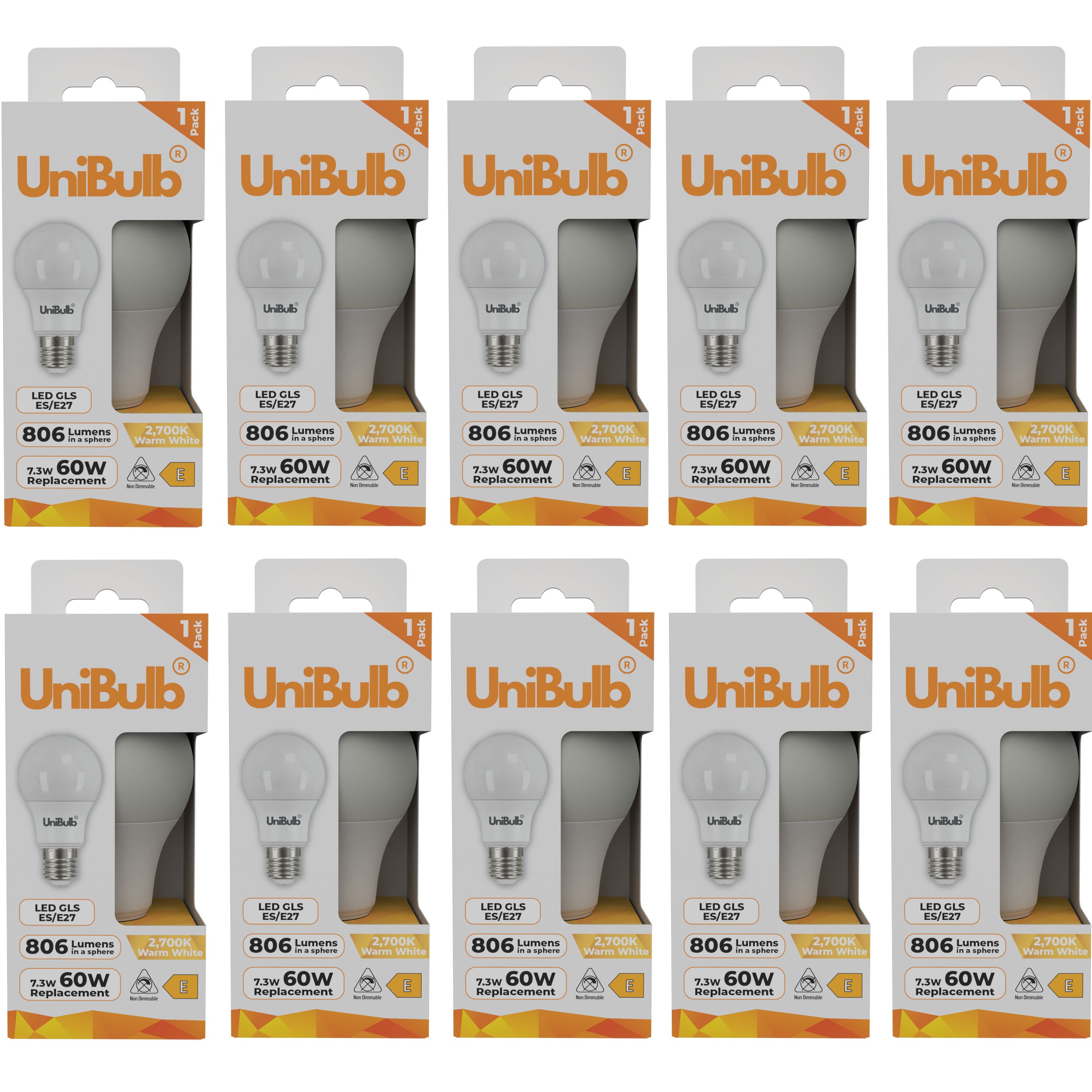 UniBulb 7.3W LED Warm White GLS E27 Light Bulb - Pack of 10
