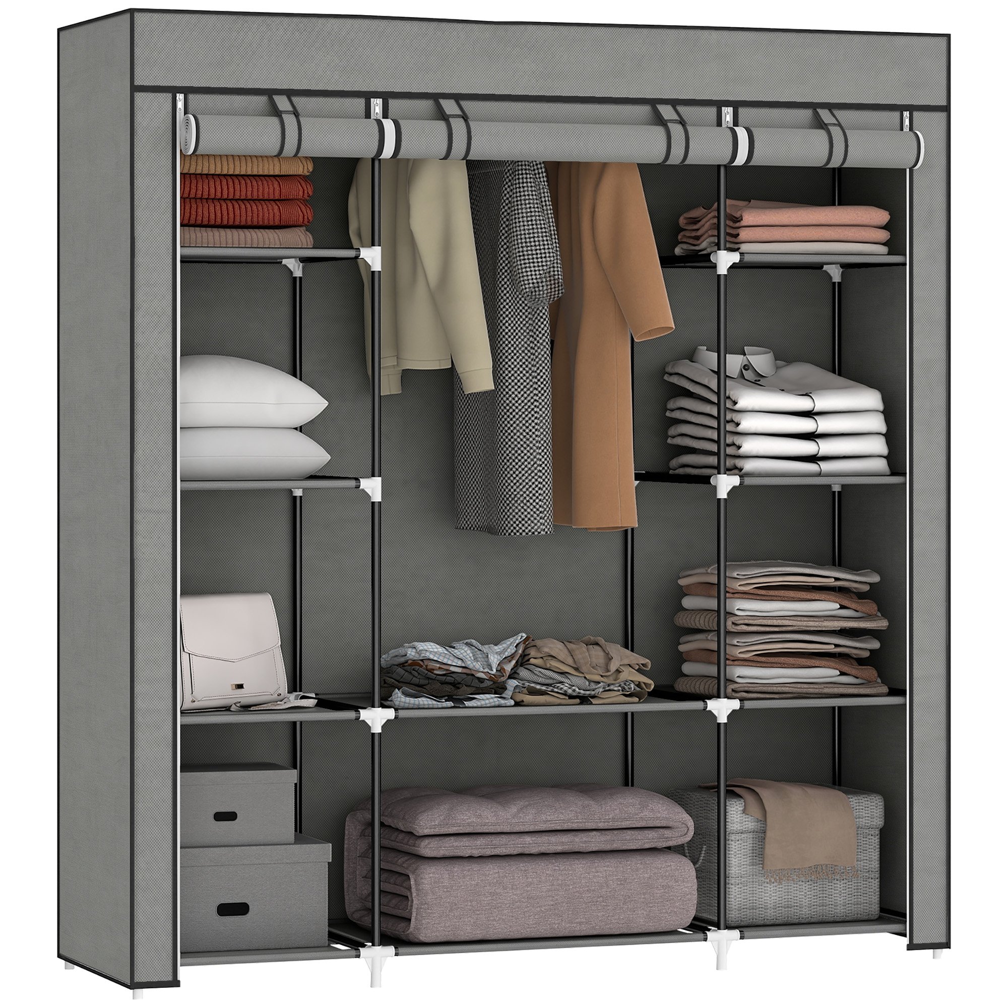 HOMCOM Foldable Fabric Wardrobe with Rail Shelves and Cover - Dark Grey
