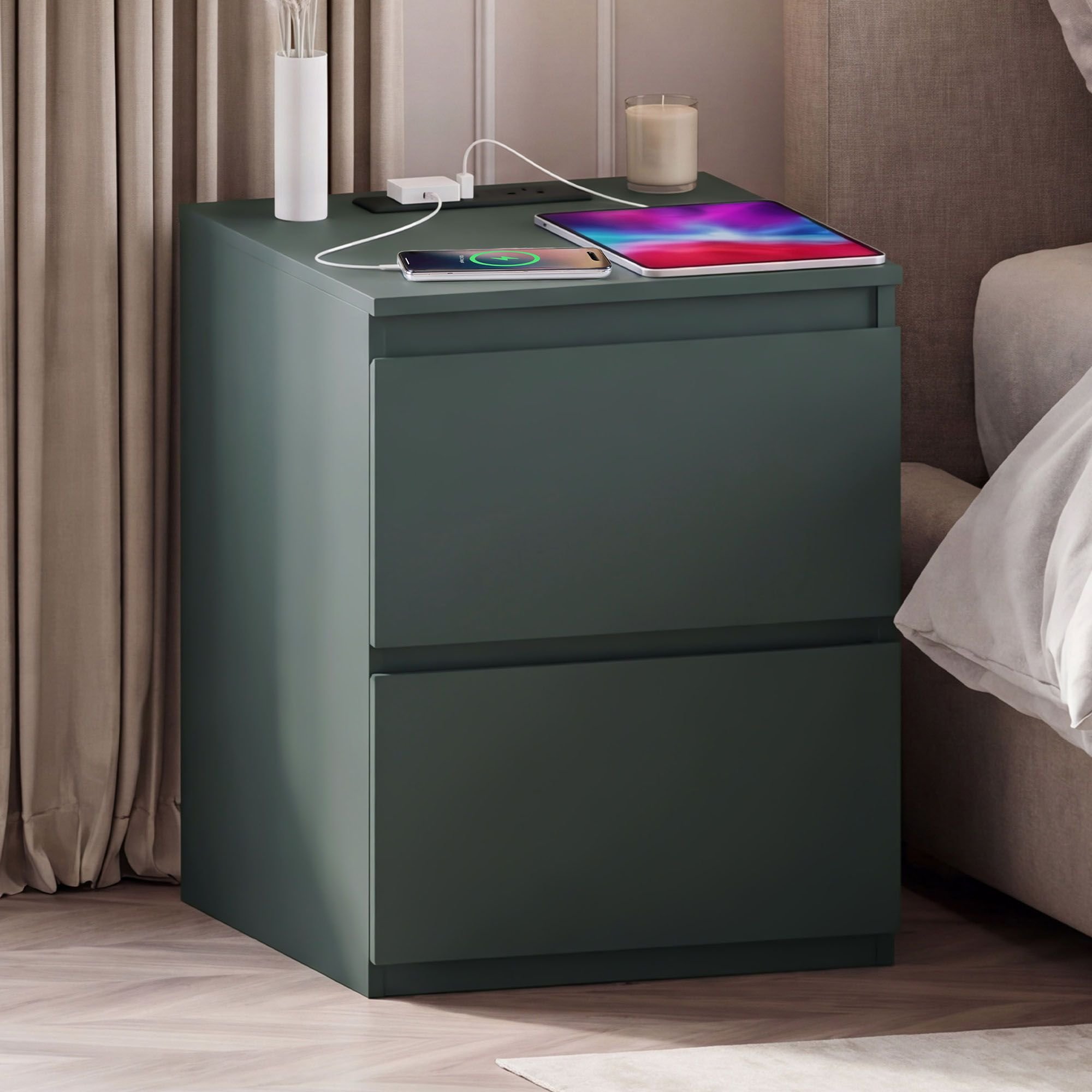 Vida Designs Denver 2 Drawer Large Bedside Chest with Power Outlet - Green