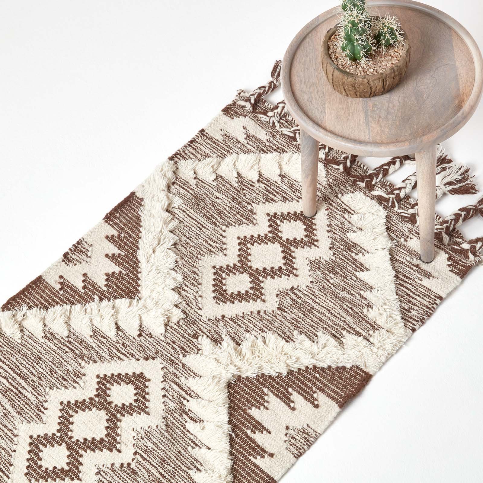 Homescapes Brown Cream Lhasa Textured Diamond Wool Kilim Rug - 66 x 200cm
