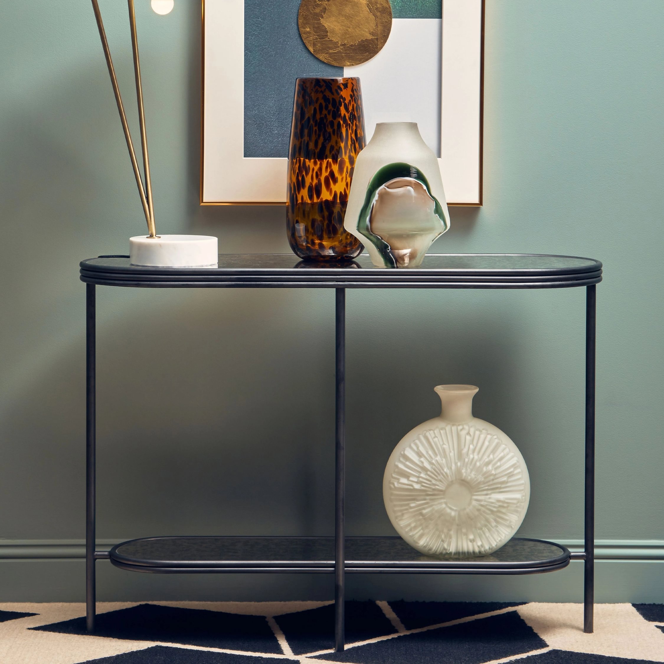 Orsina Xania Glass Top Two Tier Console Table – Black and Silver