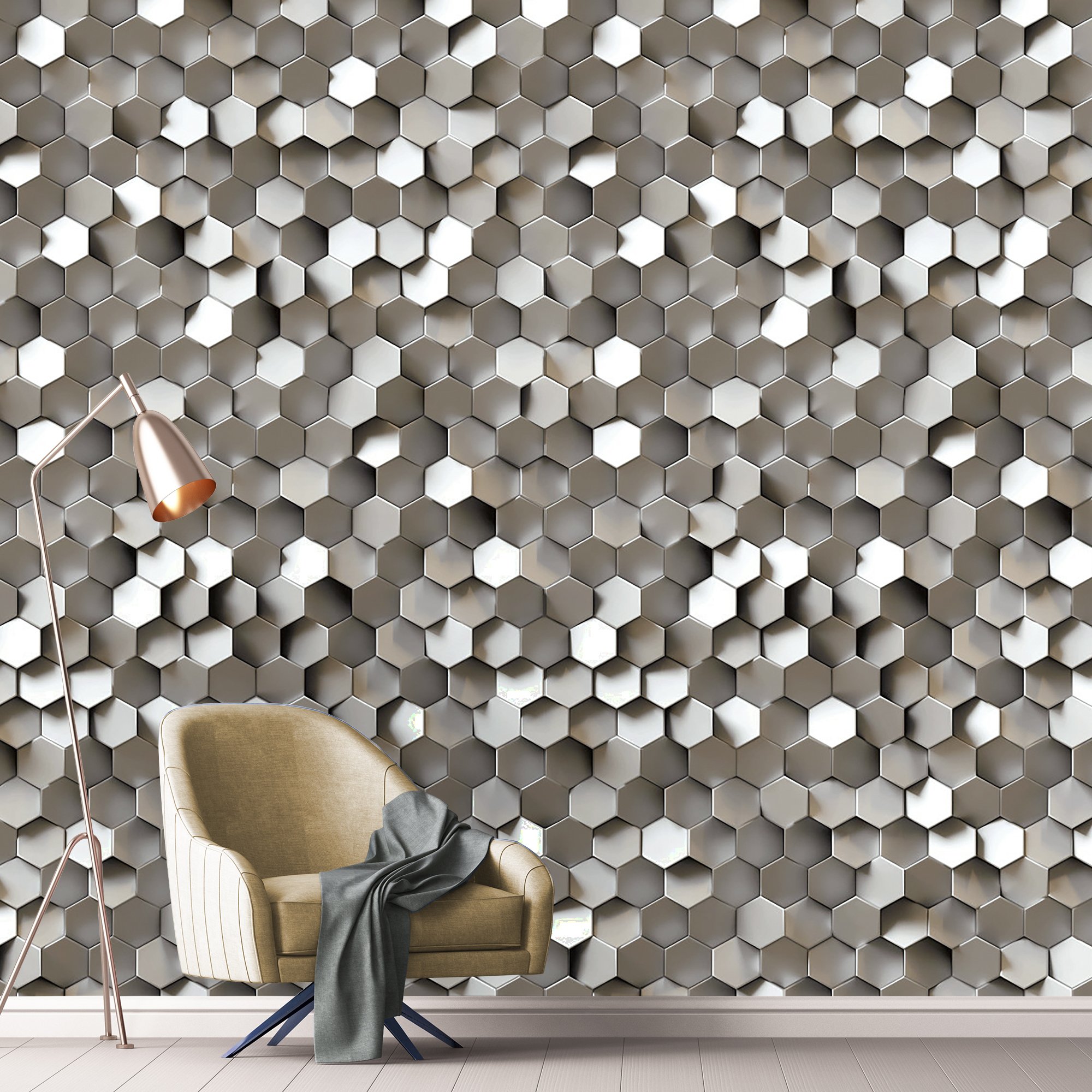 Grandeco 3D Hexagon 3 lane Repeatable Textured Wallpaper Mural    - Grey
