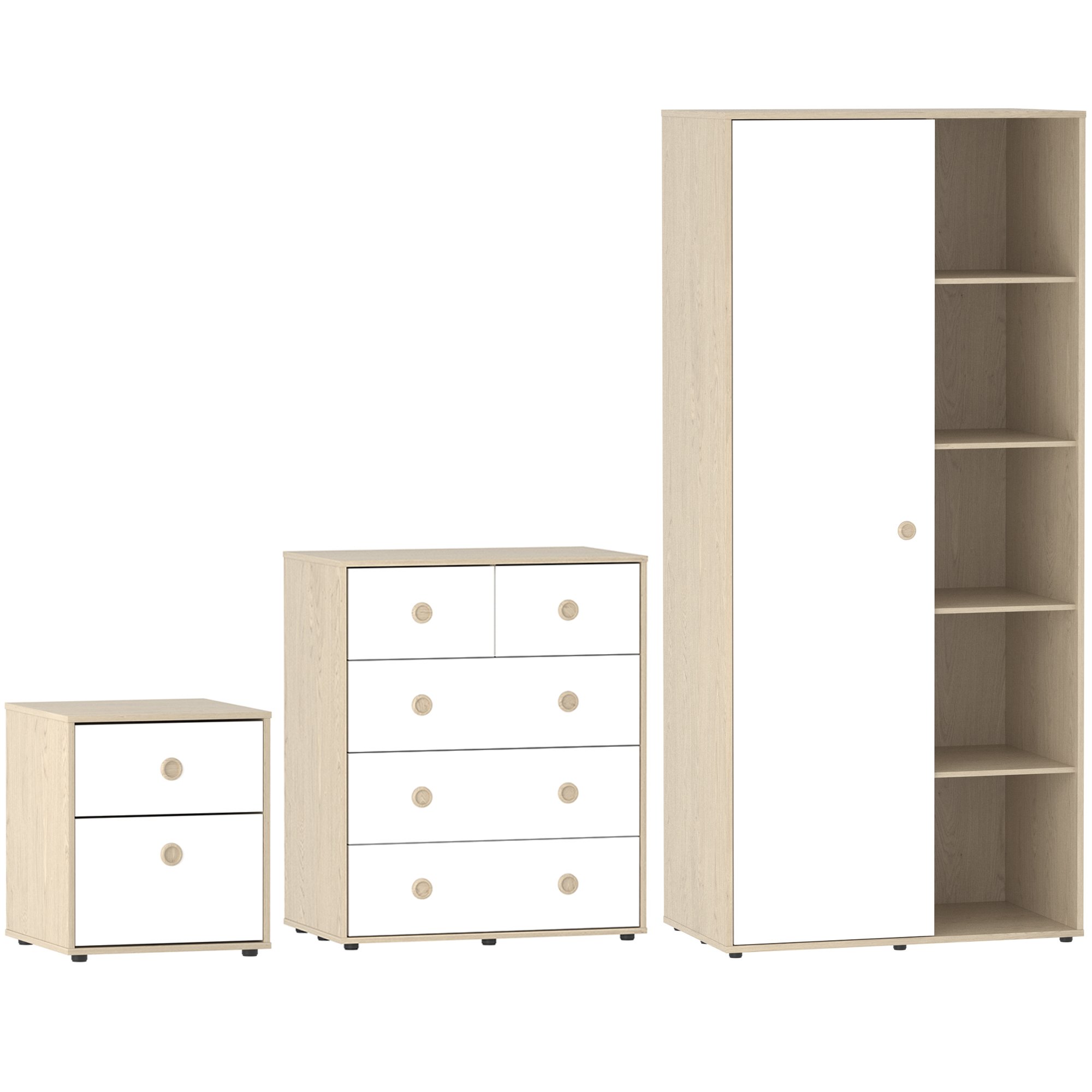 Junior Vida Neptune Bedroom Set (Bedside, Drawer Chest, Wardrobe) - White & Oak