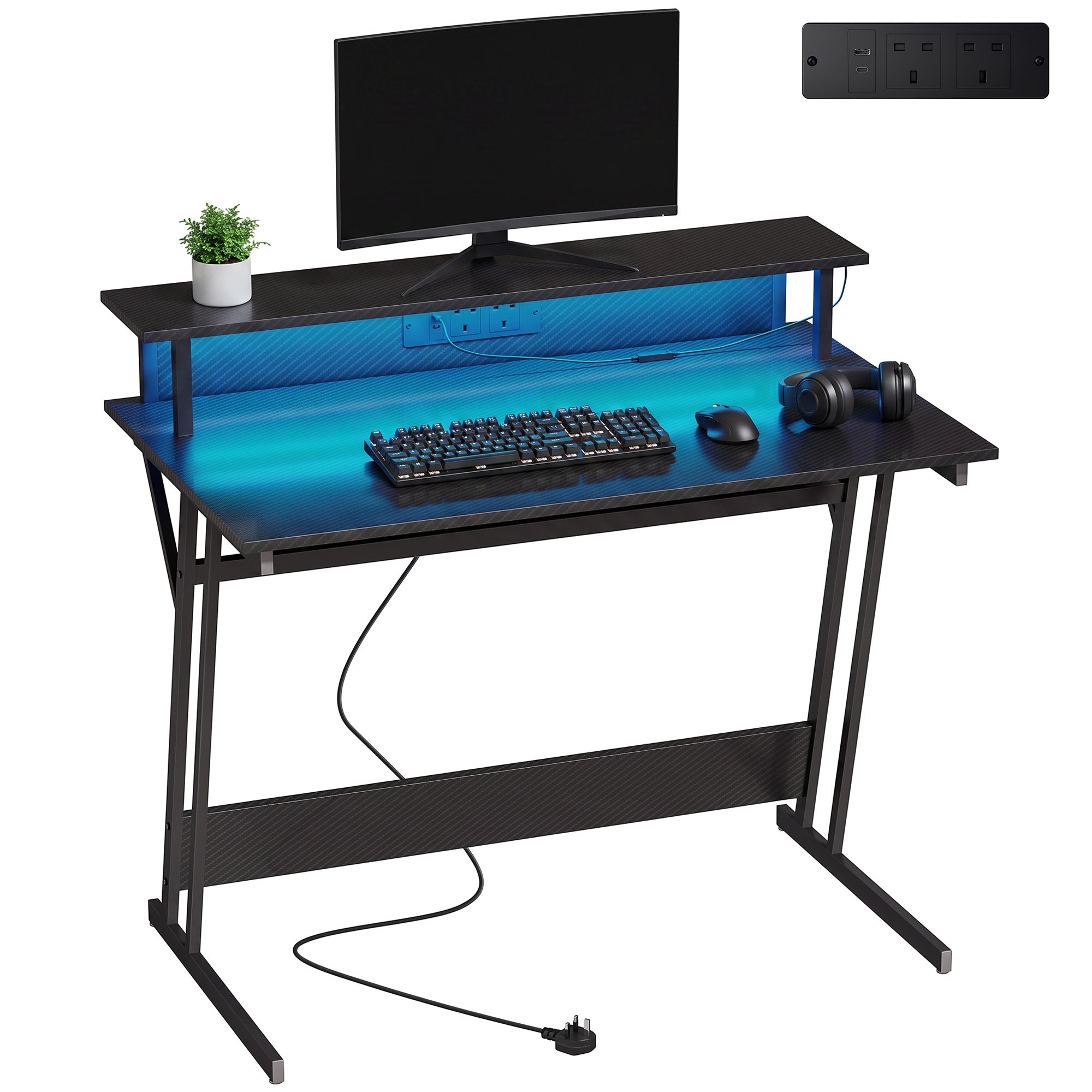 HOMCOM Gaming Desk with LED Lights and Power Outlets - Black