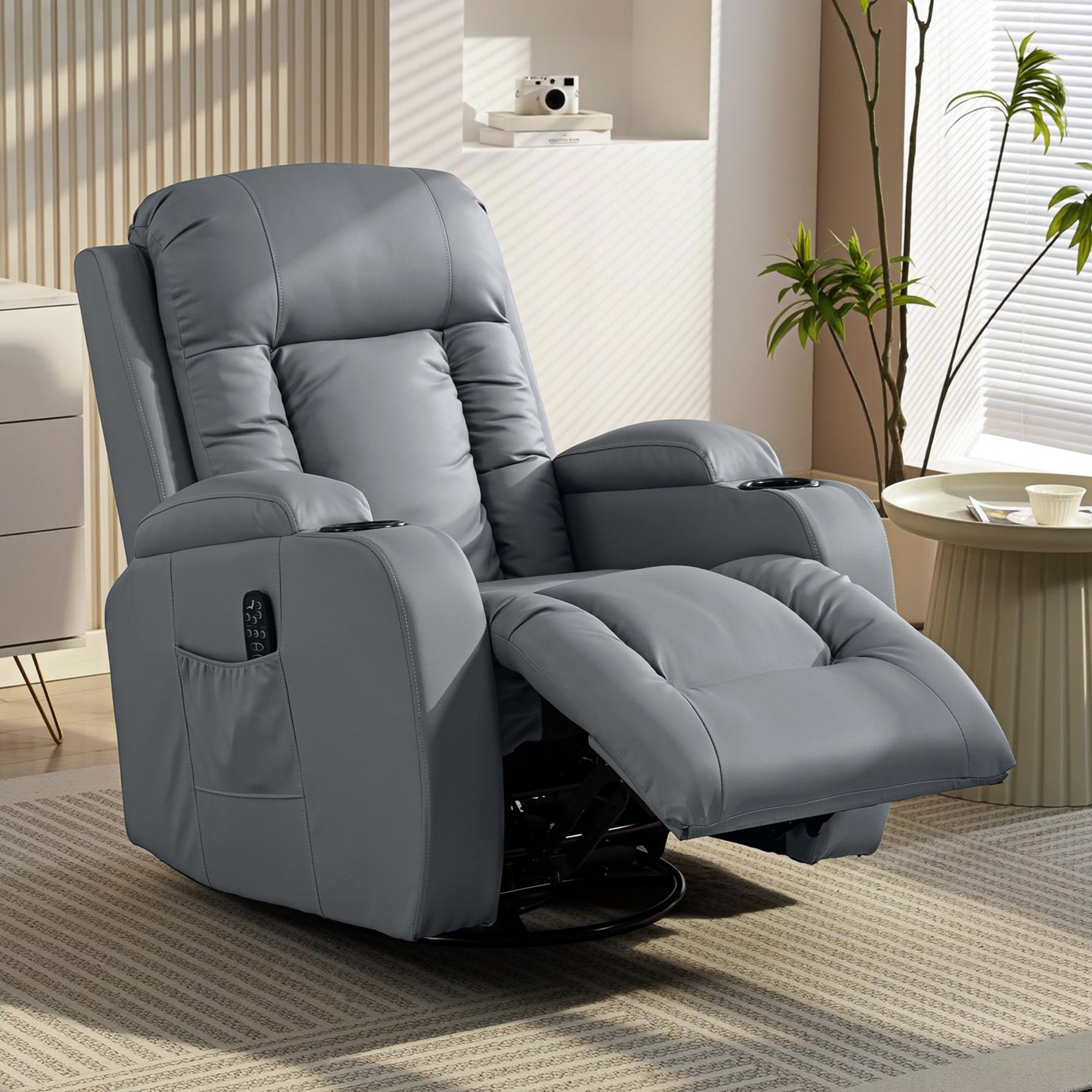 HOMCOM Faux Leather Recliner Armchair with Cup Holder - Grey