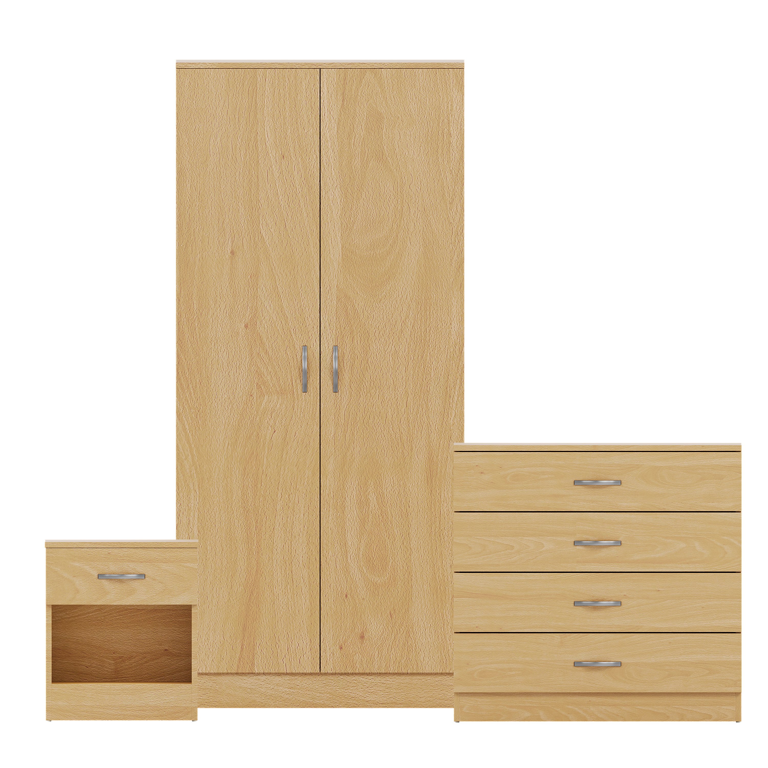 Vida Designs Riano Bedroom Set (Bedside, 4 Drawer Chest, Wardrobe) - Pine