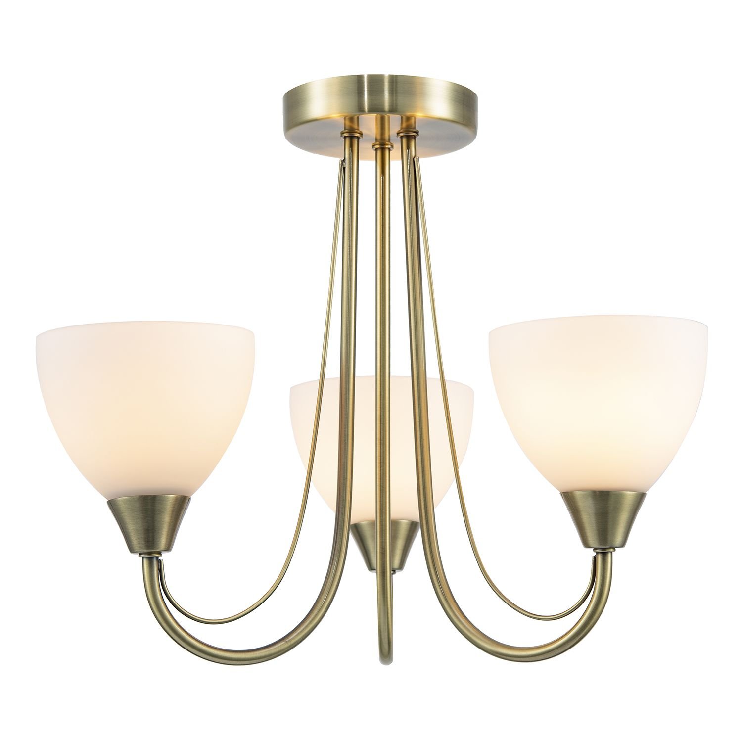Happy Homewares Antique Brass Three Arm with Opal White Ceiling Light - 38cm