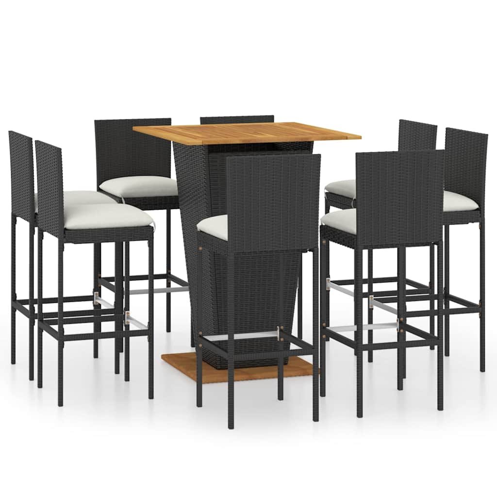 Walplus 9 Piece Poly Rattan Garden Bar Set - Black - 80 x 80 x 110 cm