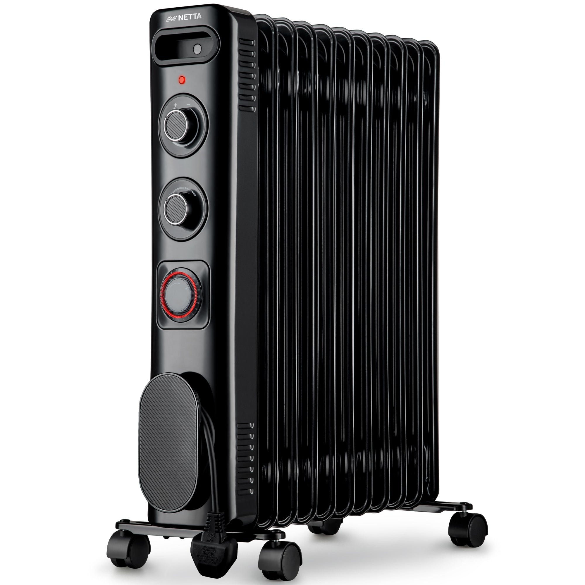 NETTA 2500W Oil Filled Radiator, 24 Hour Timer, Thermostat, 11 Fin - Black
