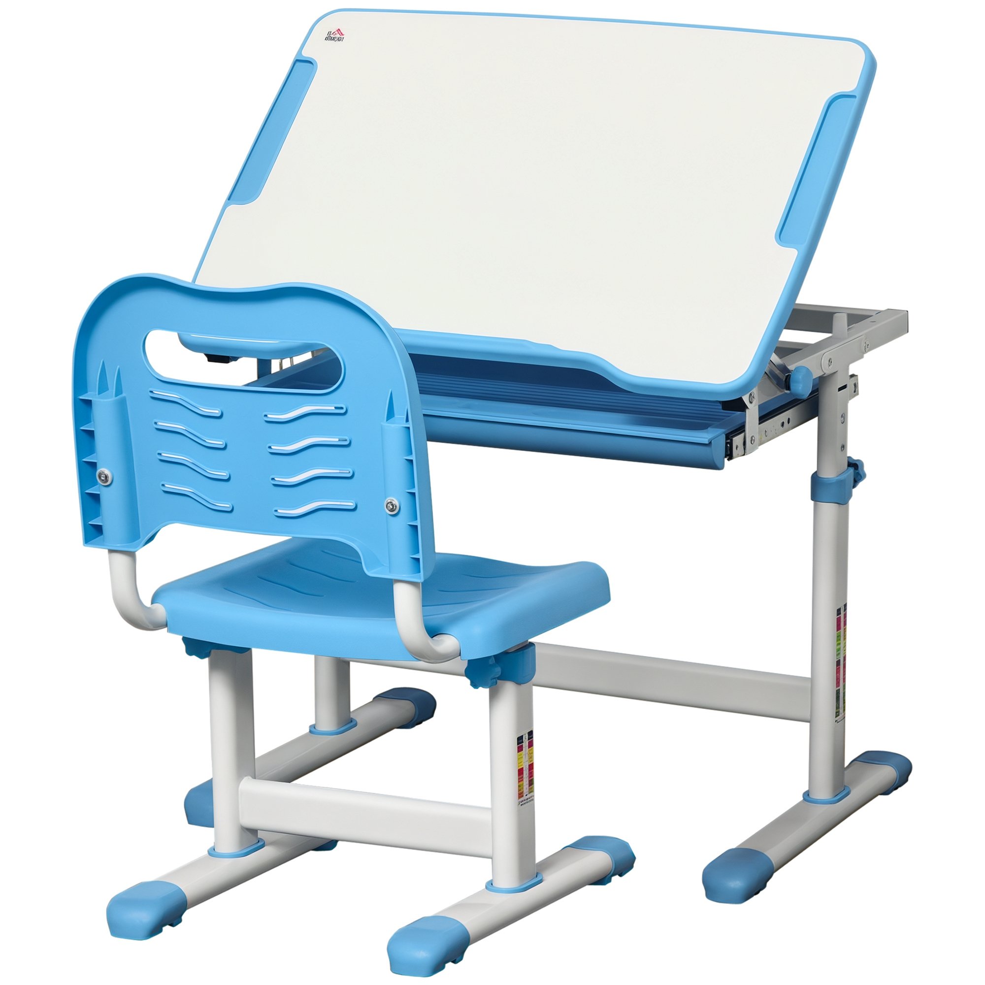 HOMCOM Adjustable Tilt Drawer Pen Slot Hook Kids Desk Chair Set - Blue