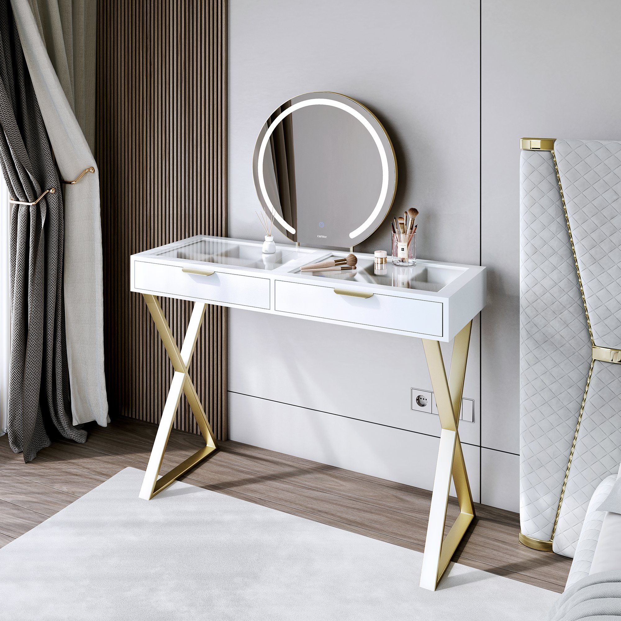 CARME Home Jess Dressing Table With Maisie LED Mirror - White/Gold