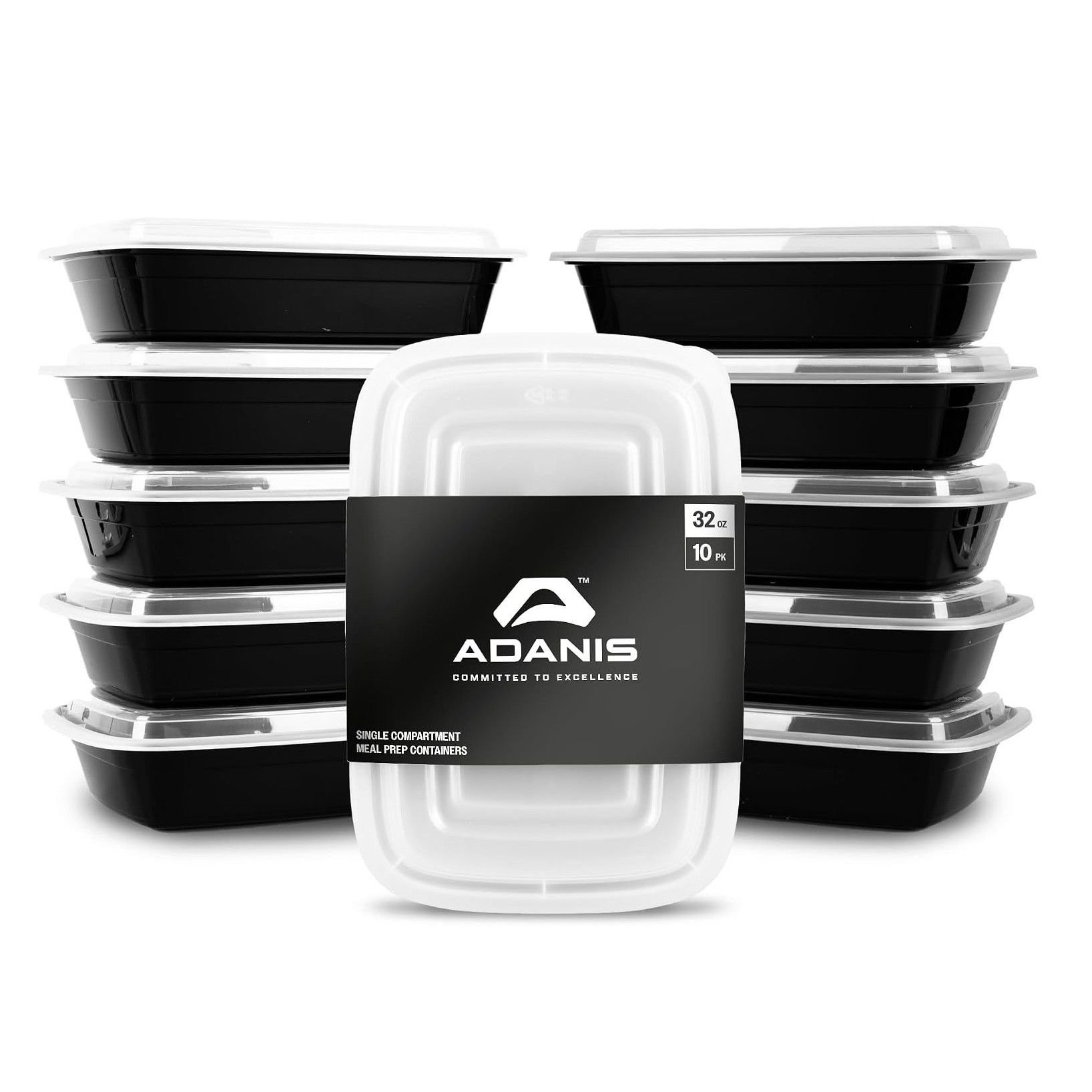 Adanis Pack of 10 Stackable Plastic Meal Prep Containers with Lids - 950ml