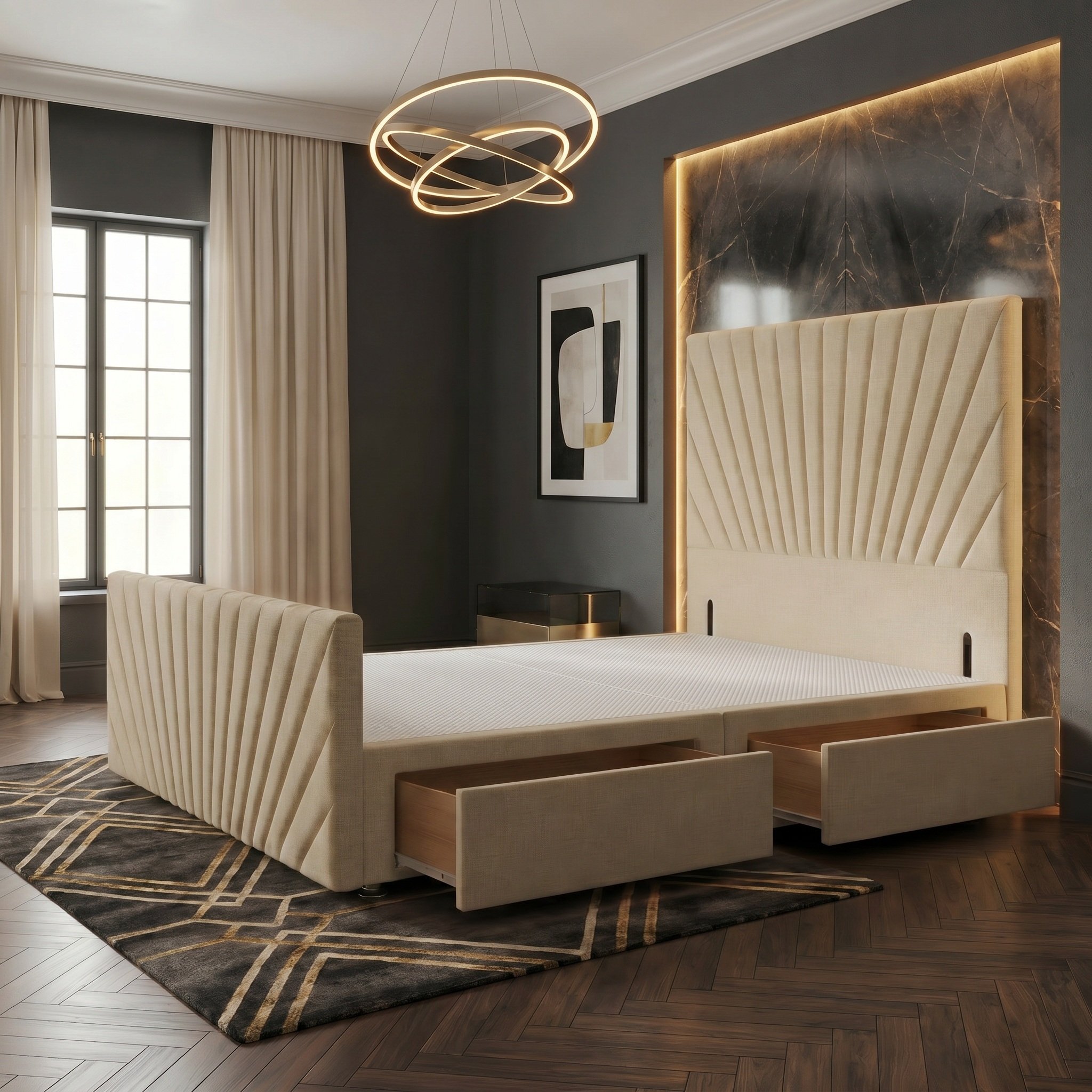 Somnior Linen Small Double 2 Drawer Divan Bed with Footboard & Headboard - Beige