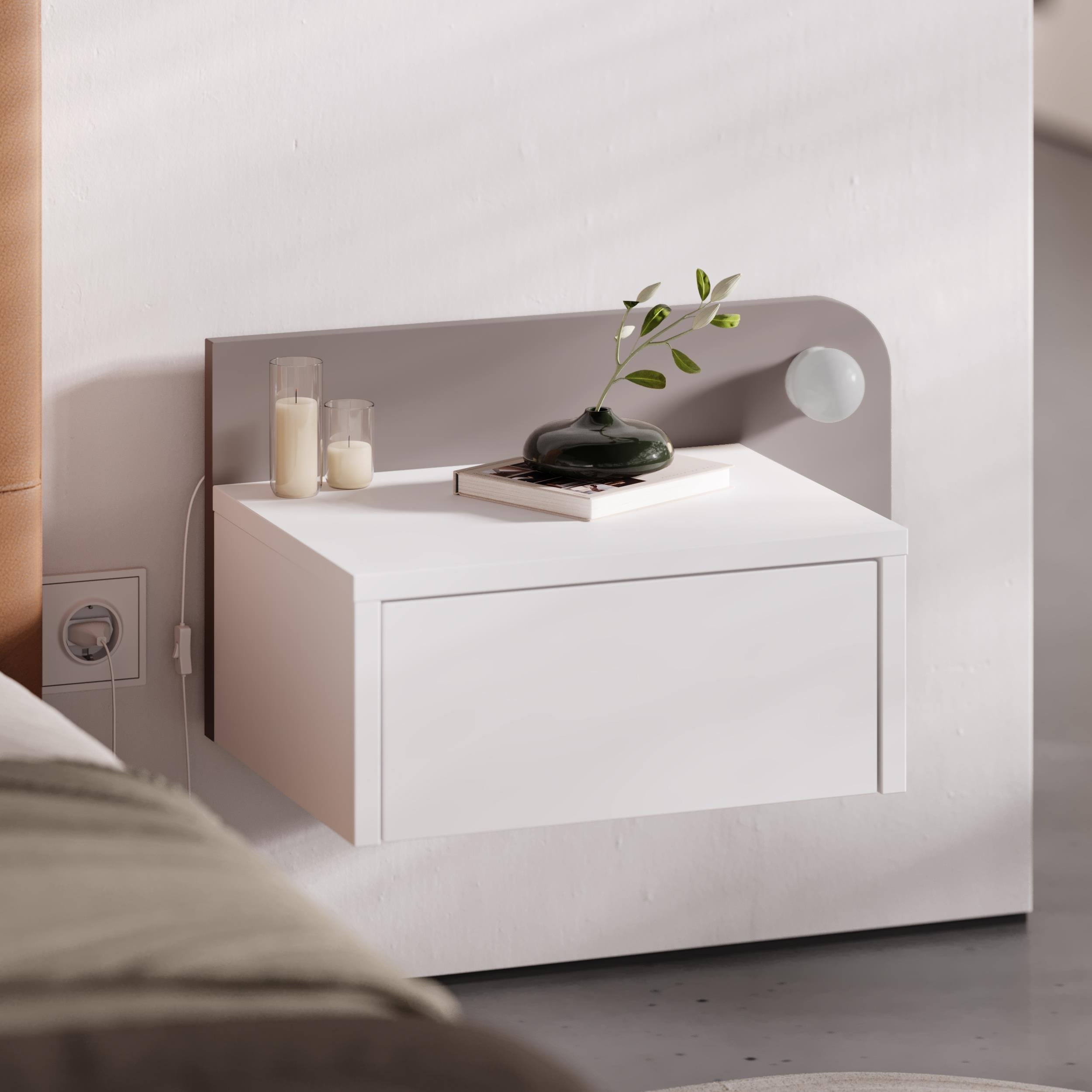 Decortie Dotta Floating Bedside Unit with LED - White, Mocha Grey