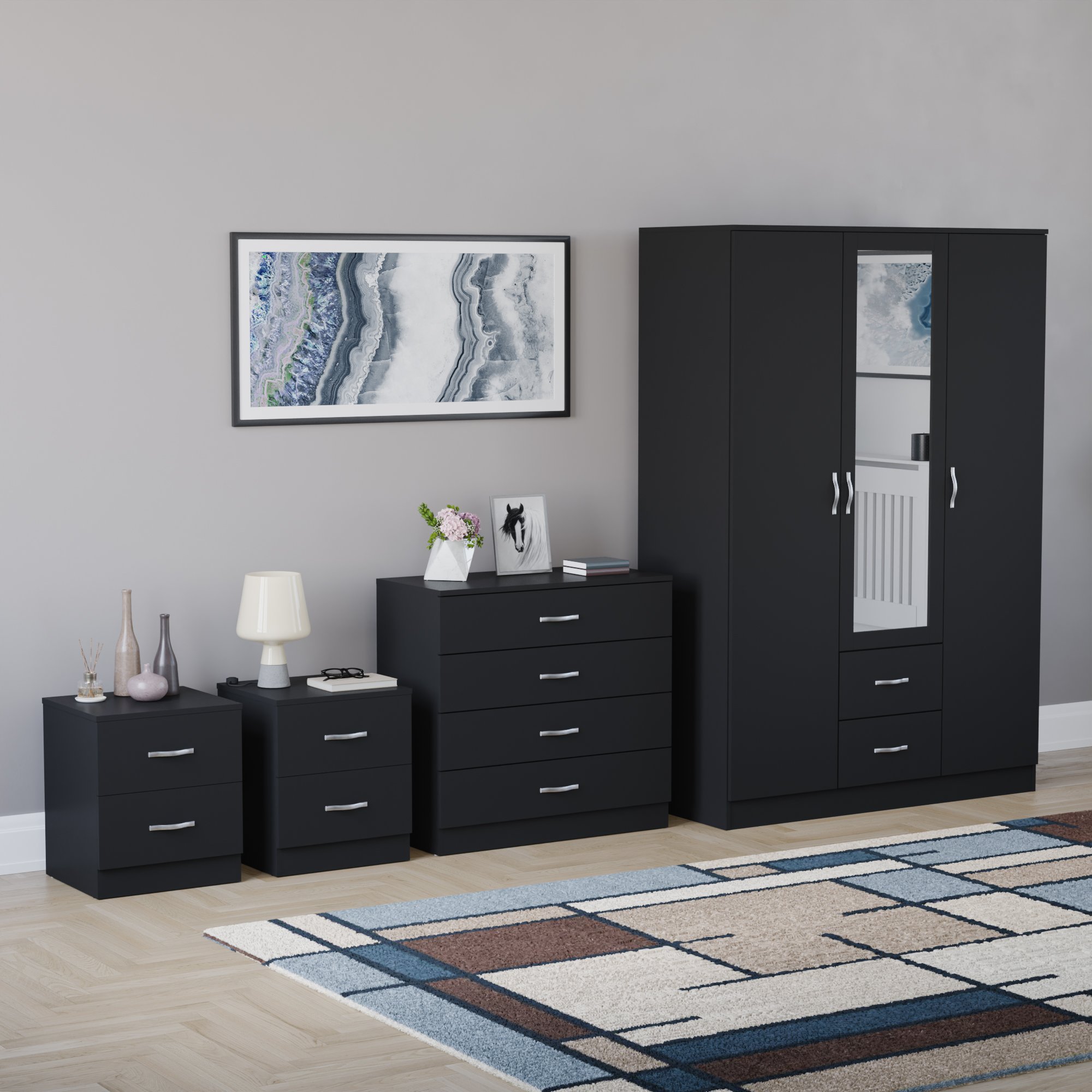 Vida Designs Riano Bedroom Set (Bedsides, 4 Drawer Chest, Mirror Wardrobe)-Black