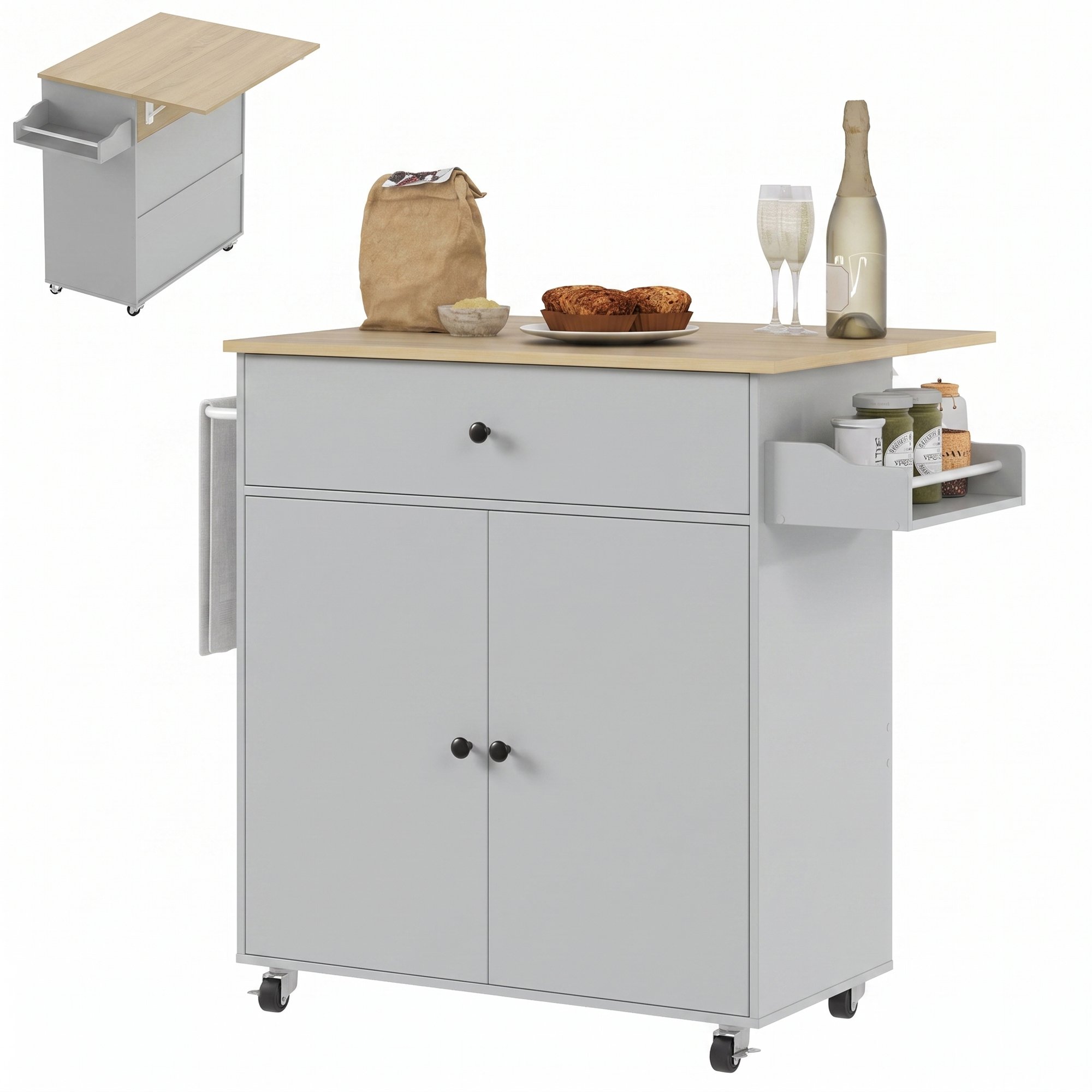HOMCOM Adjustable Shelf Kitchen Island with Drop Leaf and Spice Rack - Grey