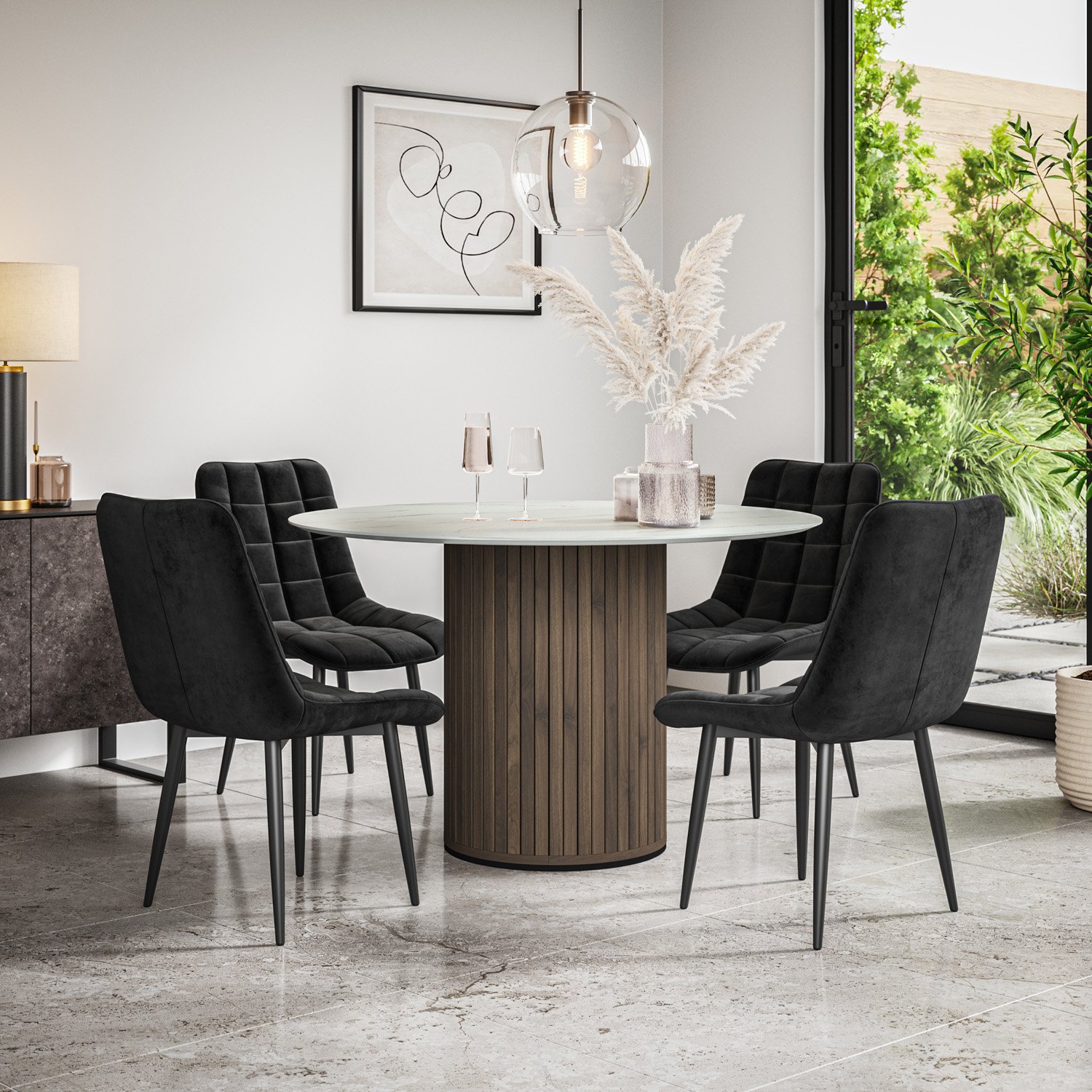 Furniture Online Arlo Nova Walnut Top w Wal Legs Dining Table & 4 Black Chairs