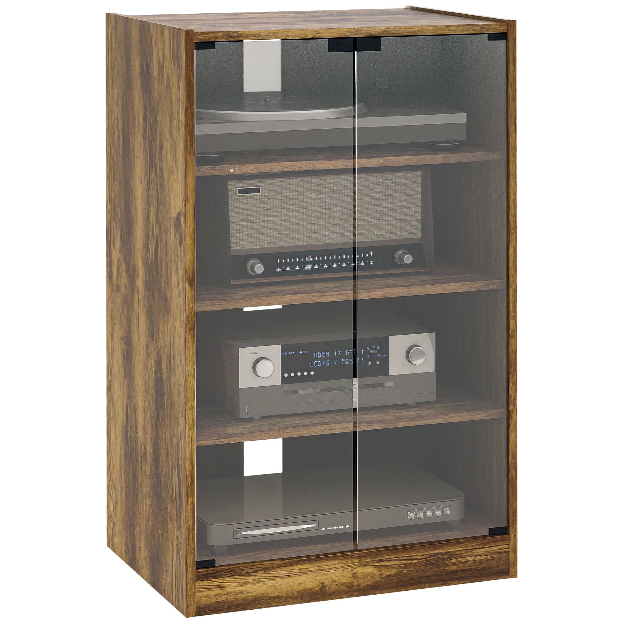 HOMCOM 4-Tier Record Player Stand with Storage and Shelves - Rustic Brown