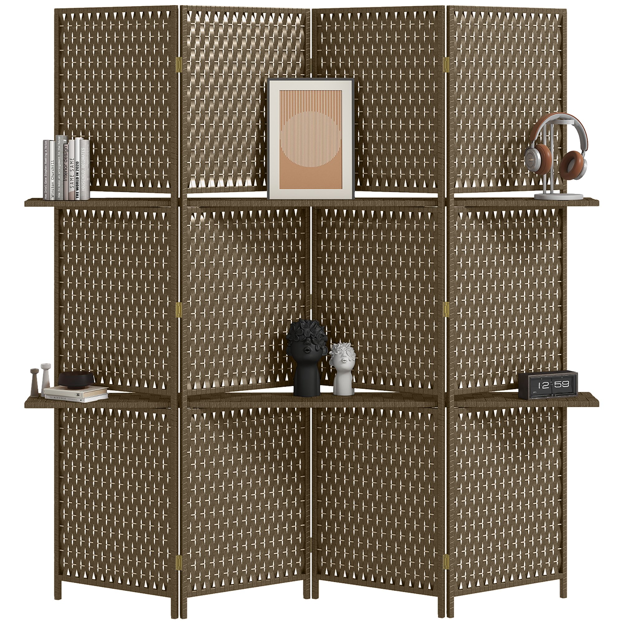 HOMCOM 4 Panel 180cm Folding Paper Rope Shelved Room Divider – Brown