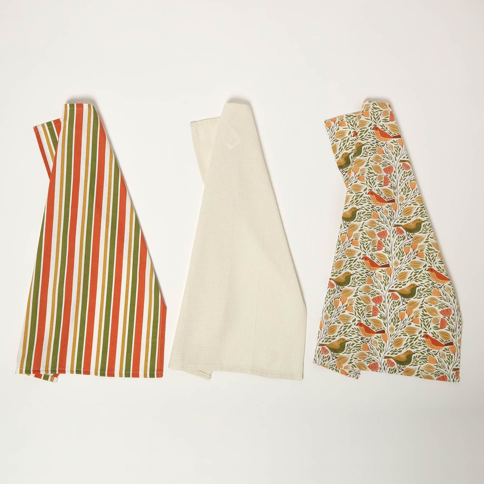 Homescapes Pack of 3 Cotton Song Bird Tea Towels - Green