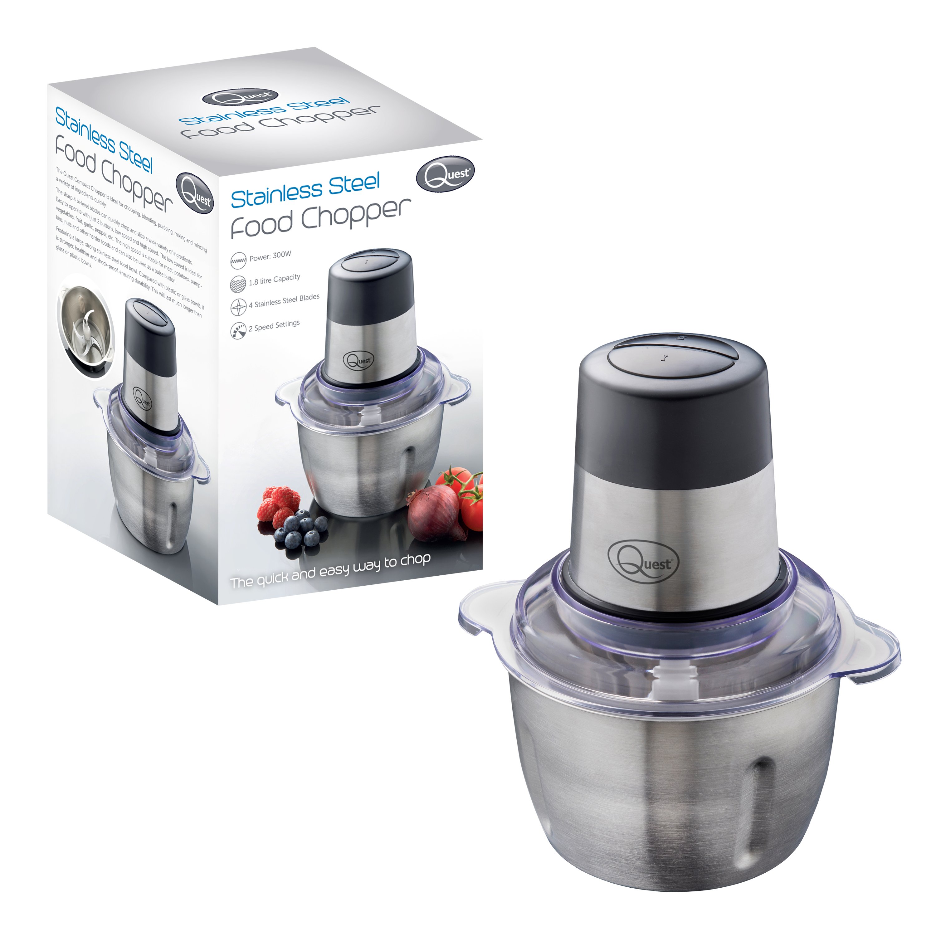 Quest 1.8 Litre Stainless Steel Food Chopper With 2 Speeds - Silver