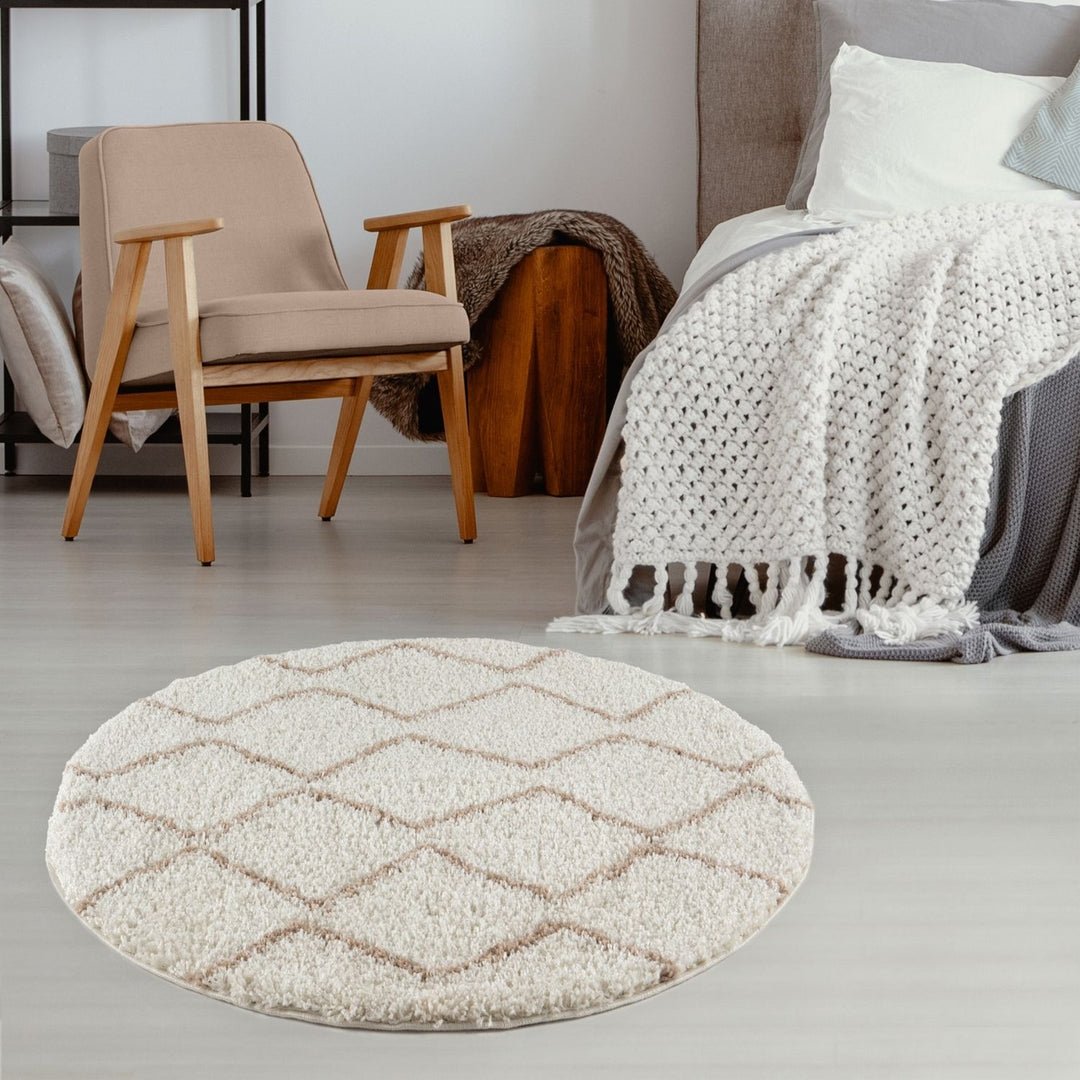The Rugs  Cream and Beige Moroccan Shaggy Zigzag Round Rug - 120cm