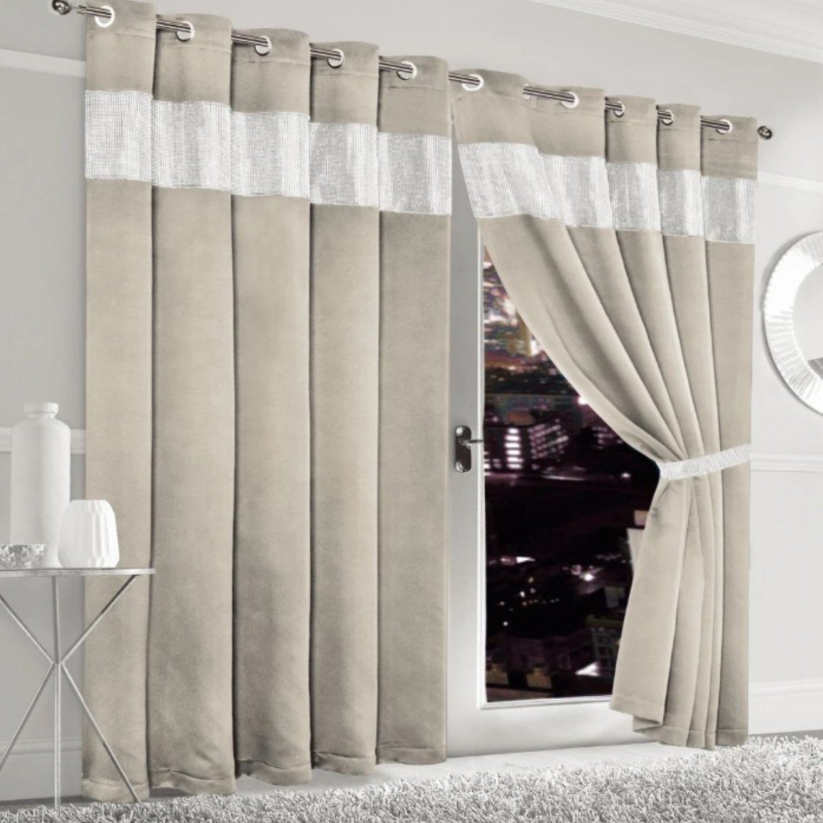 New Edge Blinds Natural Diamante Blackout Eyelet Curtains - 167cm x 137cm