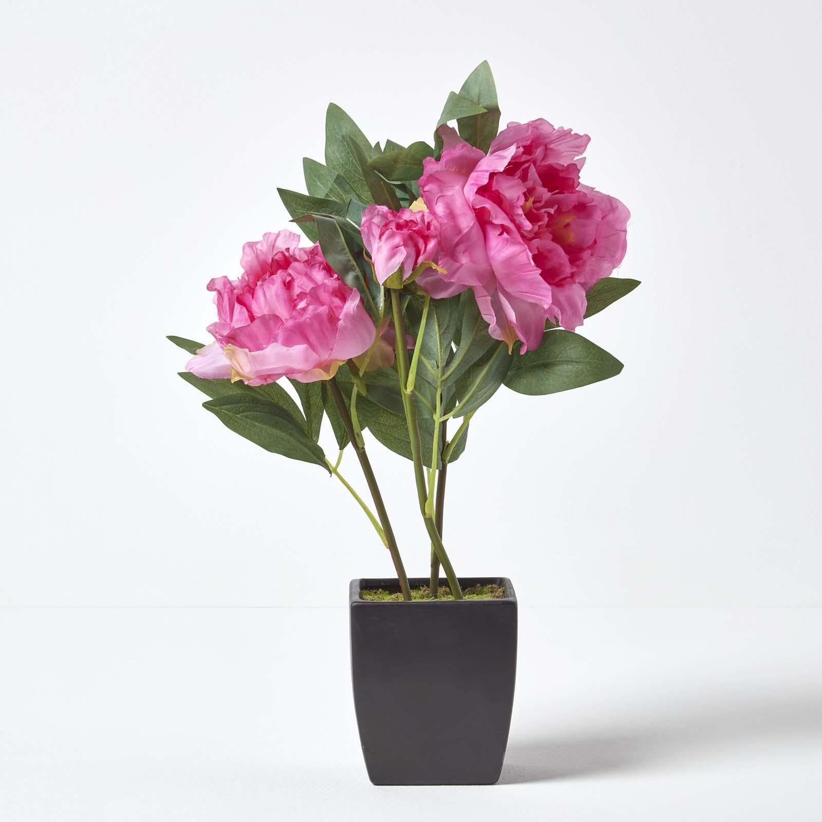 Homescapes Silk-like Polyester Artificial Peonies in Decorative Black Pot - Pink