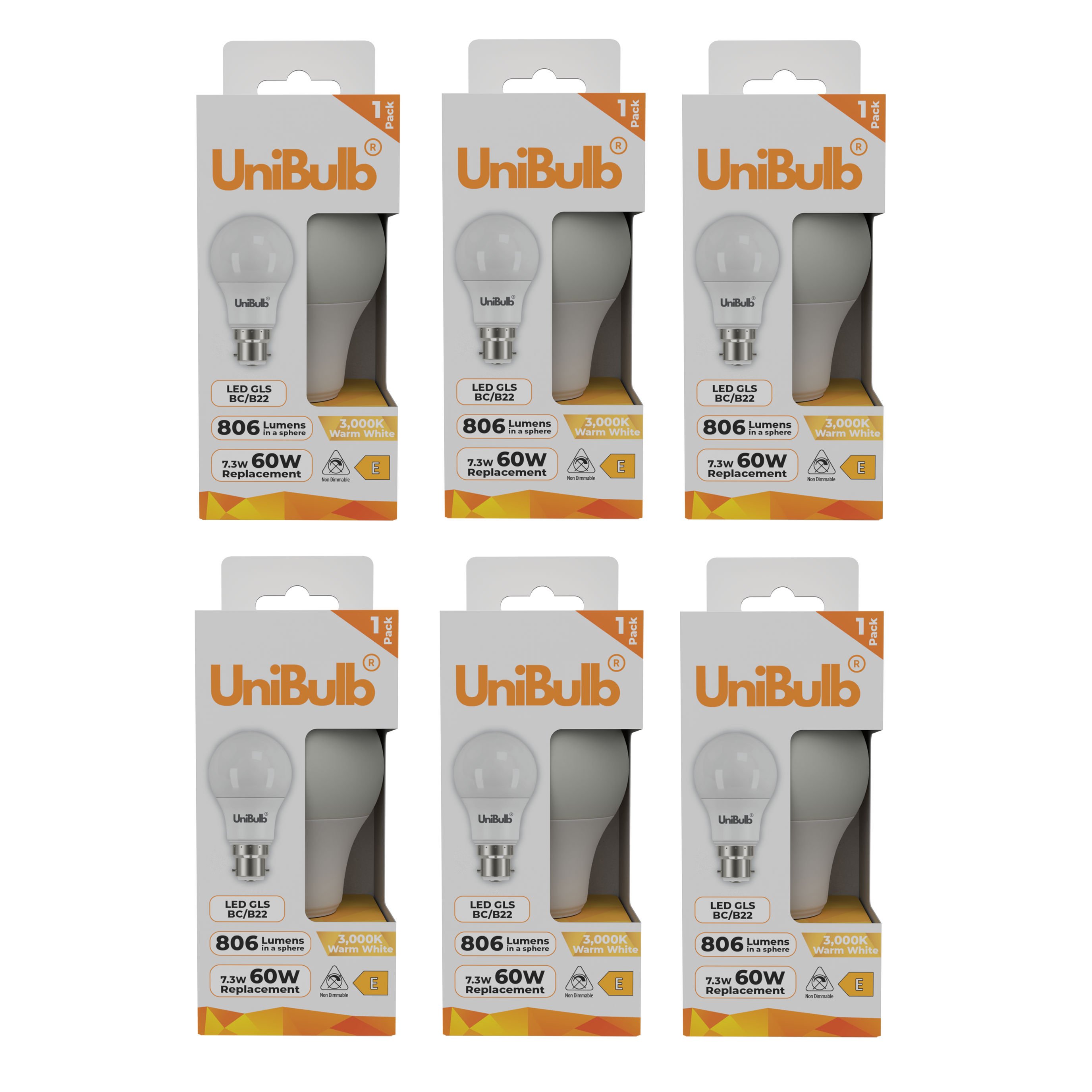 UniBulb 7.3W LED Warm White GLS B22 Light Bulb - Pack of 6