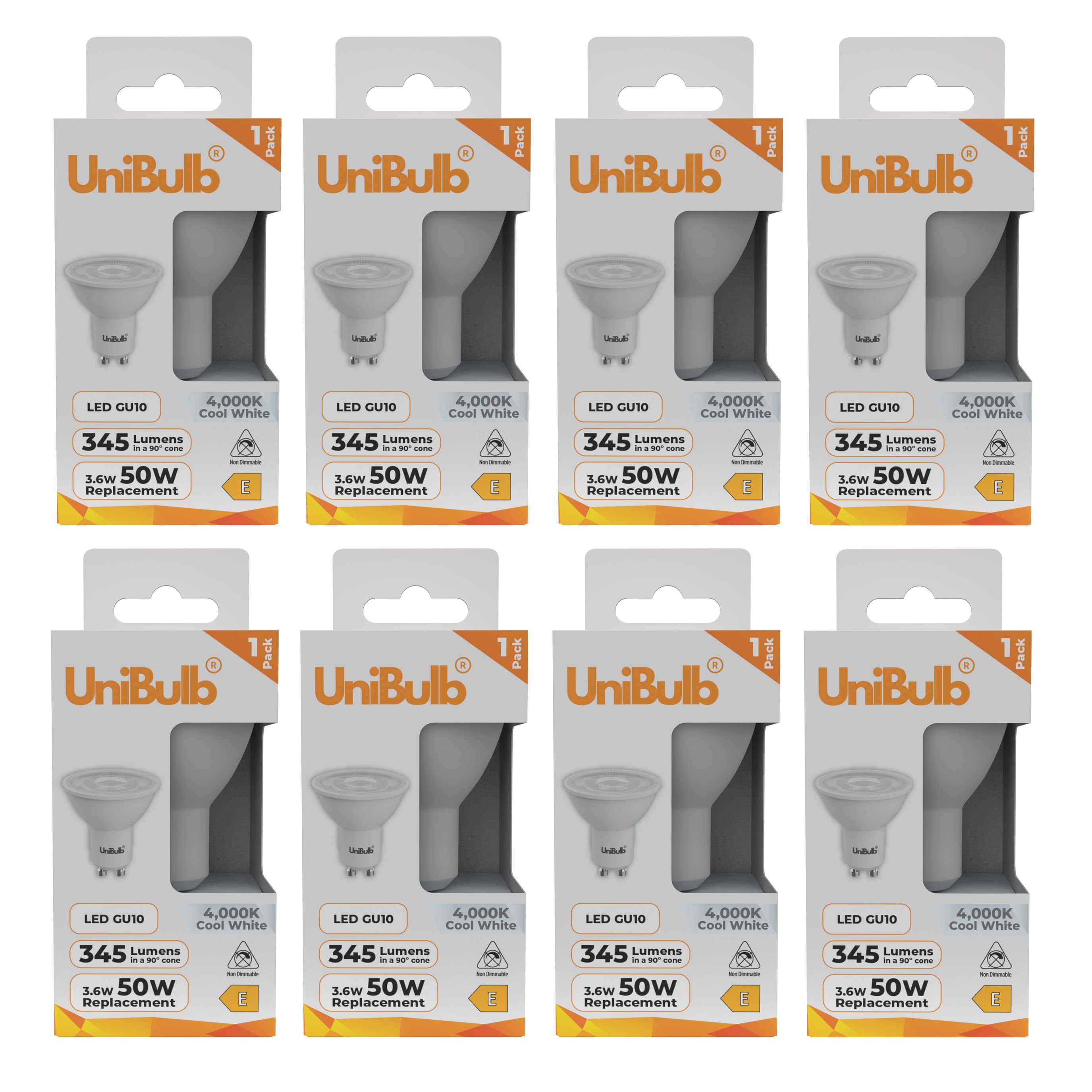 UniBulb 3.6W LED Cool White Spotlight GU10 Light Bulb - Pack of 8