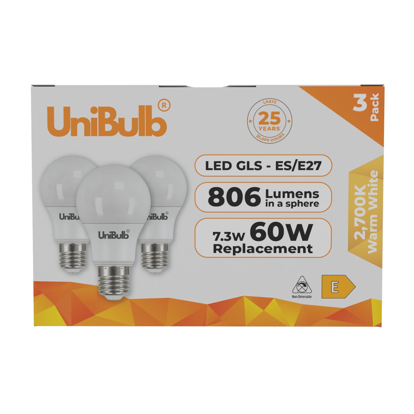 UniBulb 7.3W LED Warm White GLS E27 Light Bulb - 3 Pack