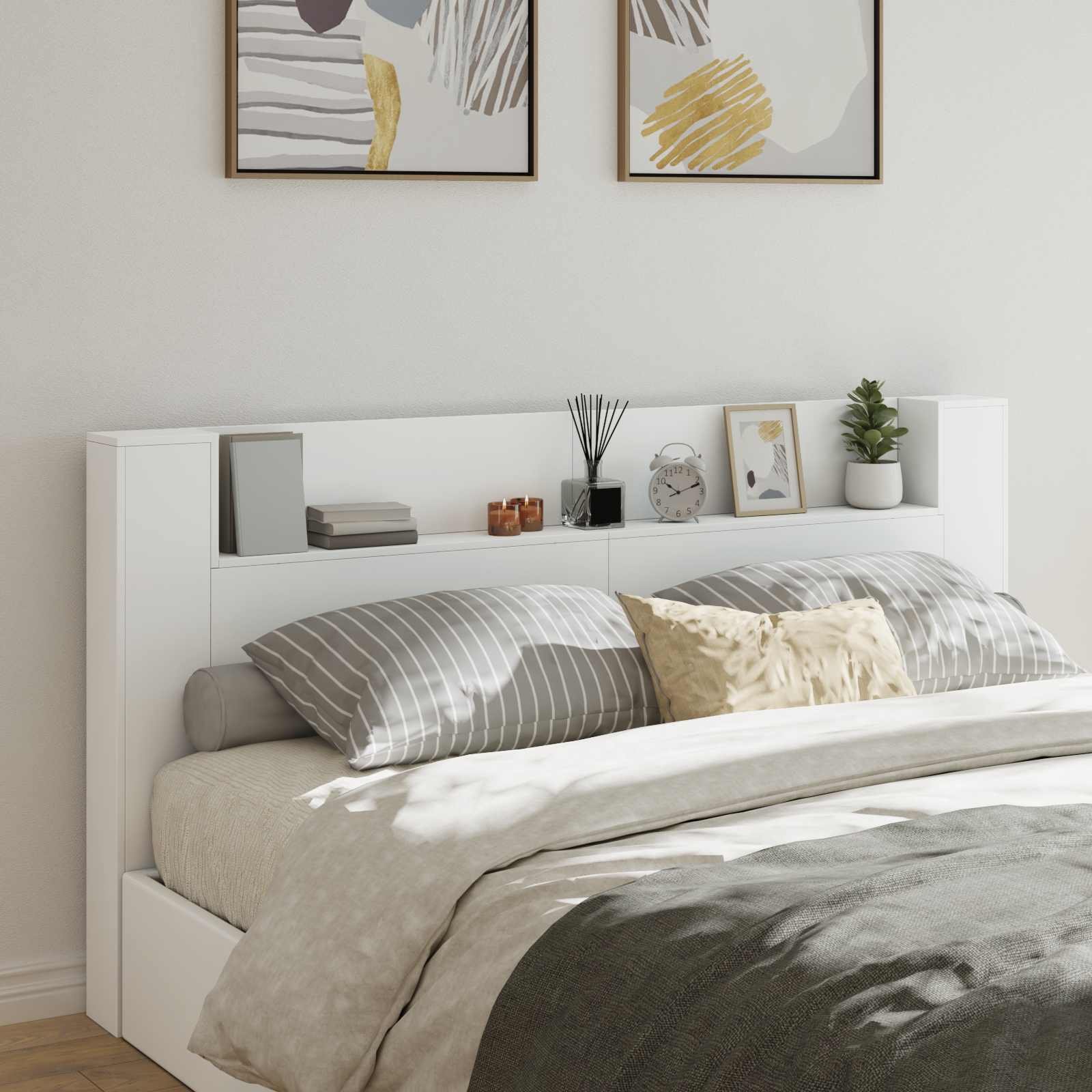 Walplus Engineered Wood LED Storage Headboard - White - 200 x 16.5 x 103.5 cm