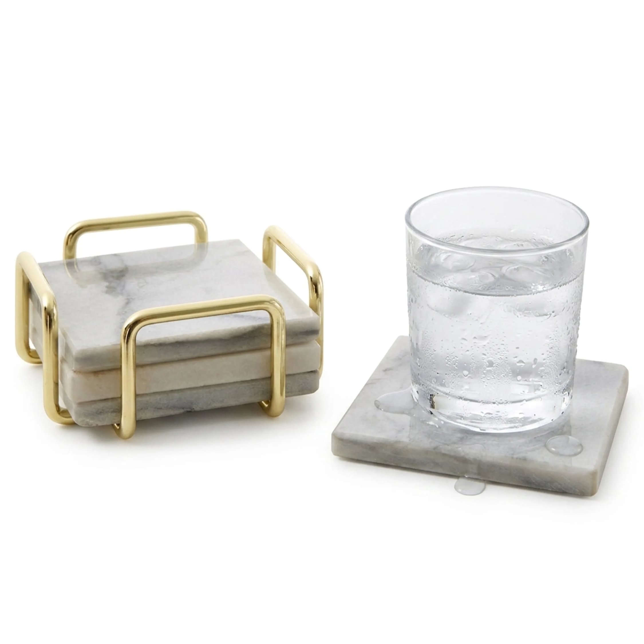 Orsina Set Of 4 Delphine Marble Coasters with Brass Finish Holder - White