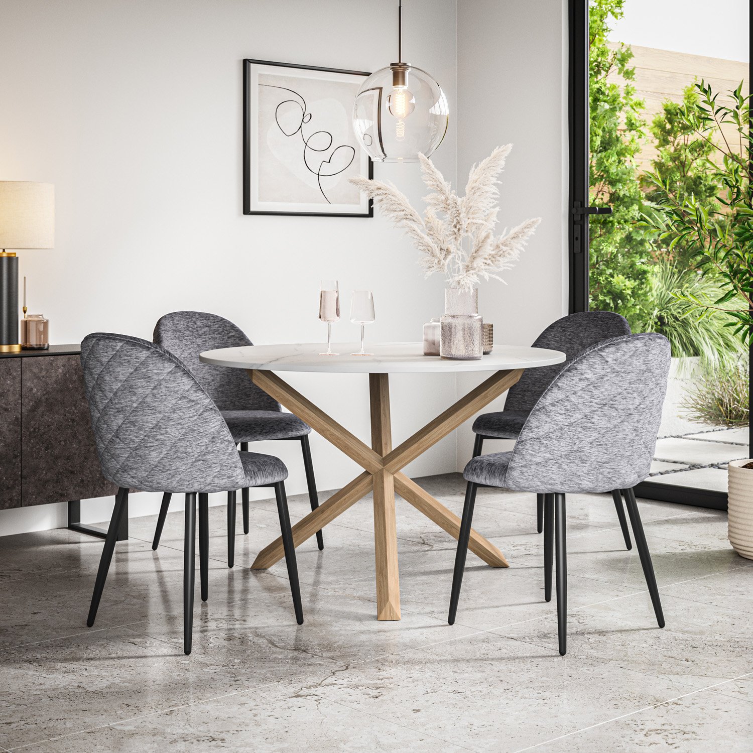 Furniture Online Malvern Round Marble Effect Dining Table & 4 Raye Grey Chairs
