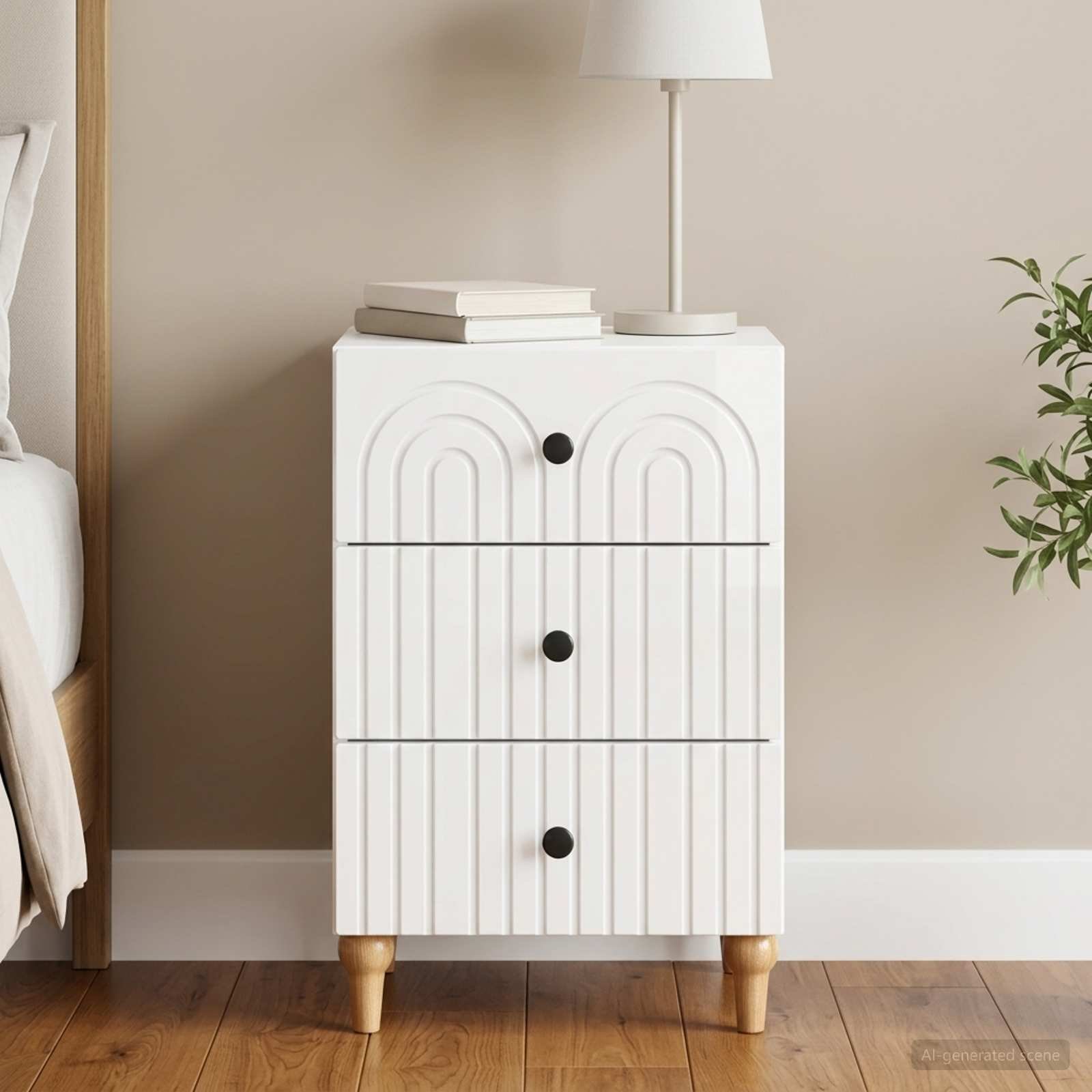 Walplus 1 Drawer Bedside Table - High Gloss White - 43 x 41 x 66.5 cm