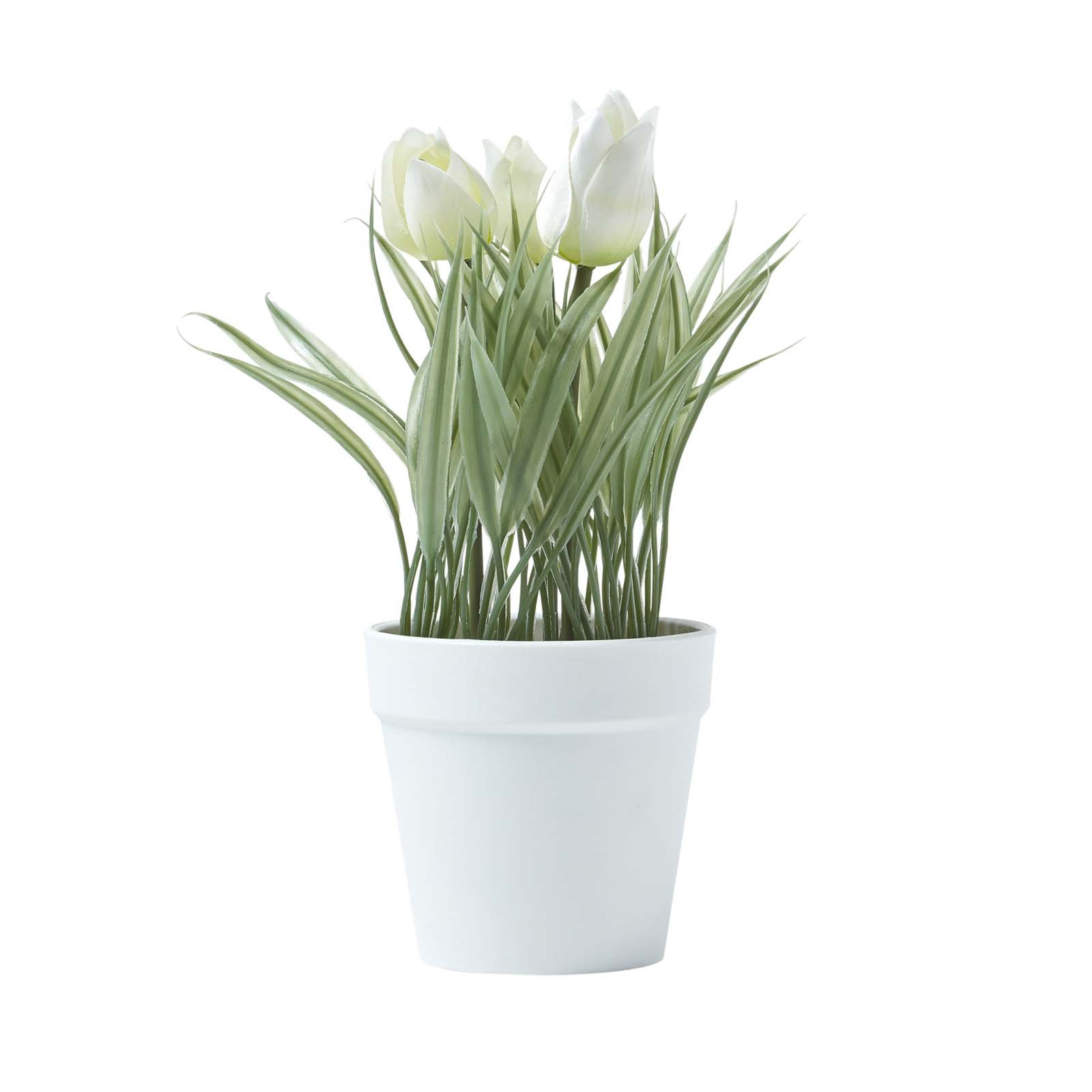 Homescapes Silk-like Polyester Artificial Tulips in Plastic Round Pot - White