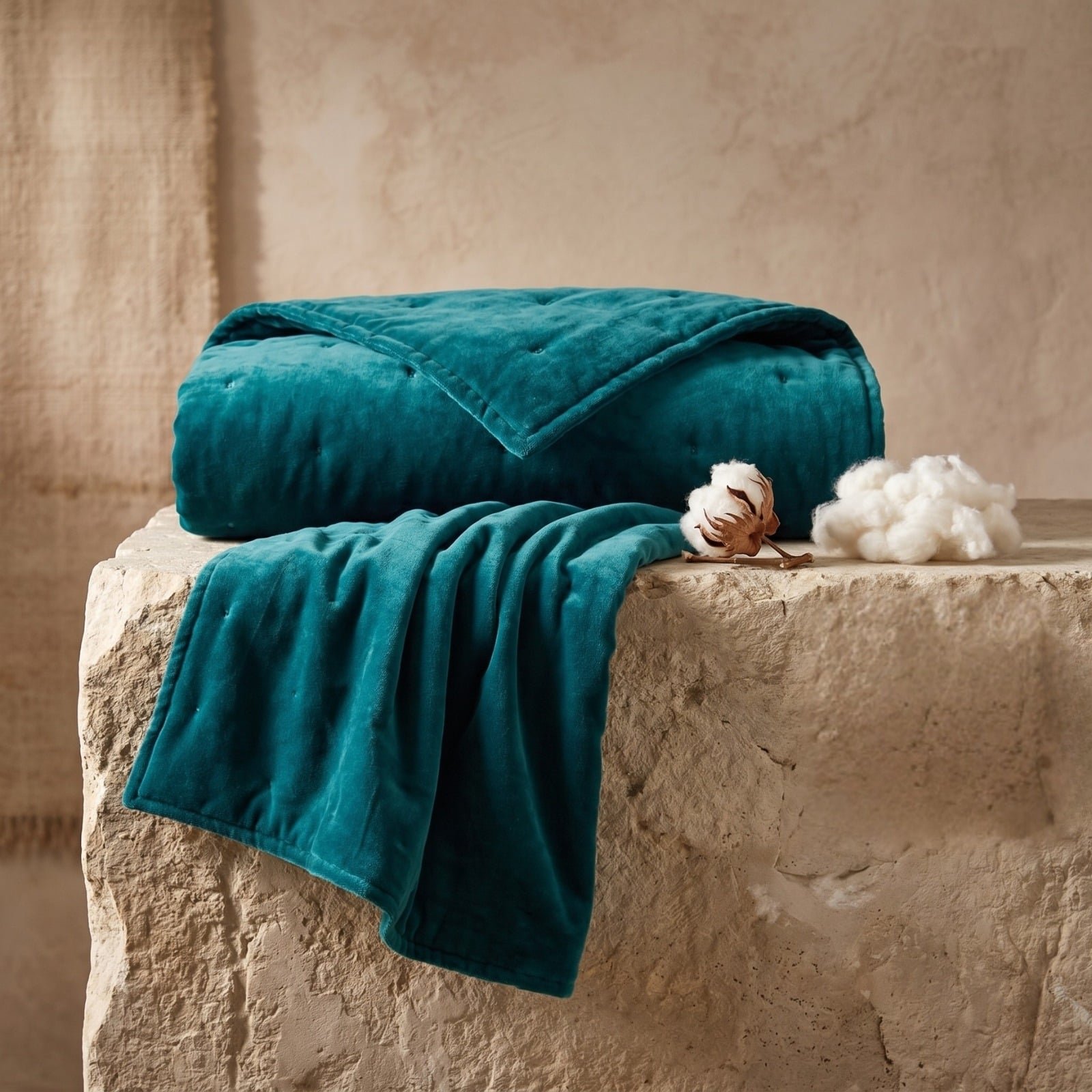 Homescapes Cotton Velvet Quilted Throw - 150 x 200 cm - Emerald Green