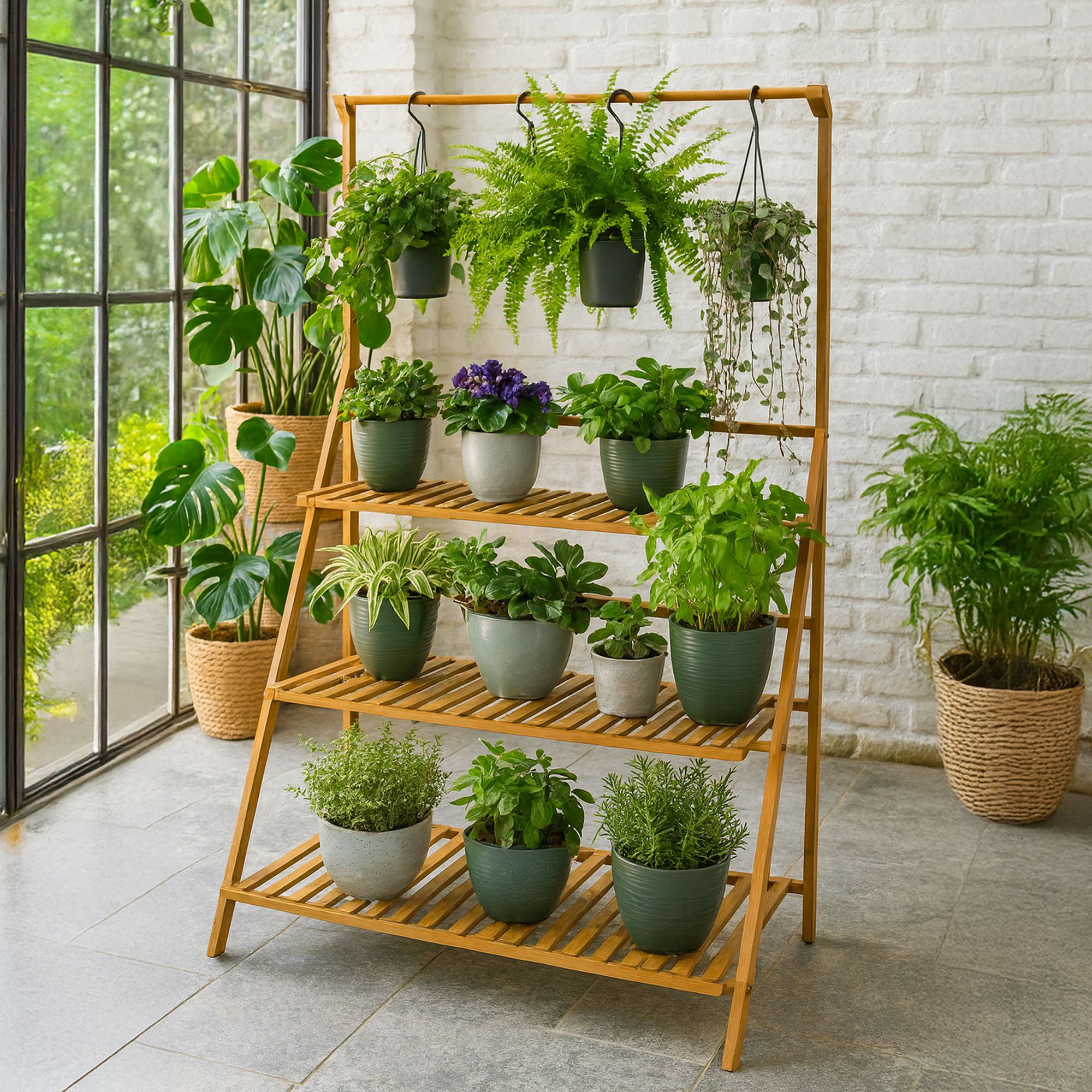 Neo 3 Tier Foldable Bamboo Plant Stand with Hanging Hook