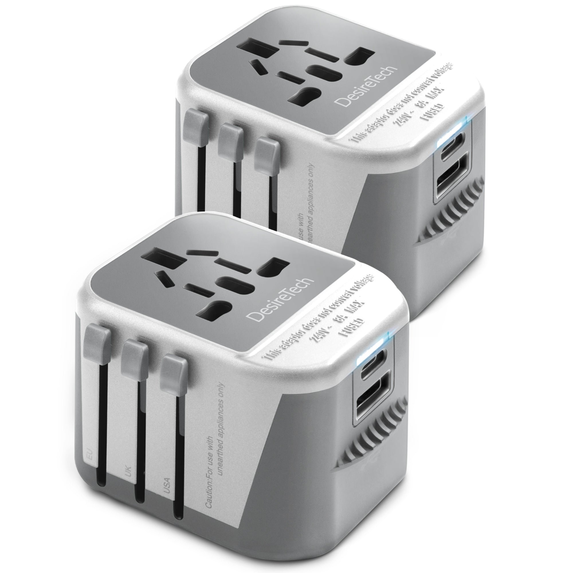 Desiretech 4 in 1 USB Travel Adaptors - Pack of 2 - White & Grey