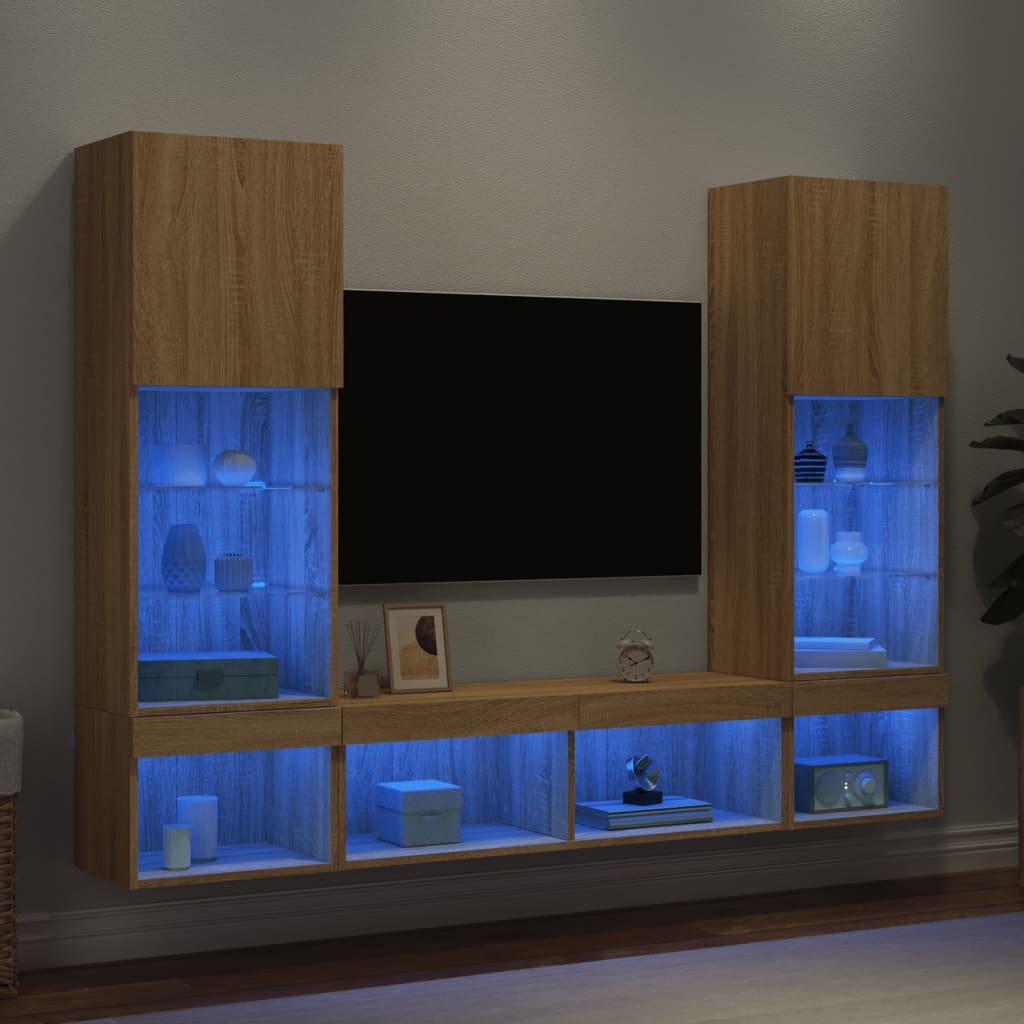 Walplus Pack of 5 LED TV Wall Unit - Light Oak - 40.5 x 30 x 102 cm