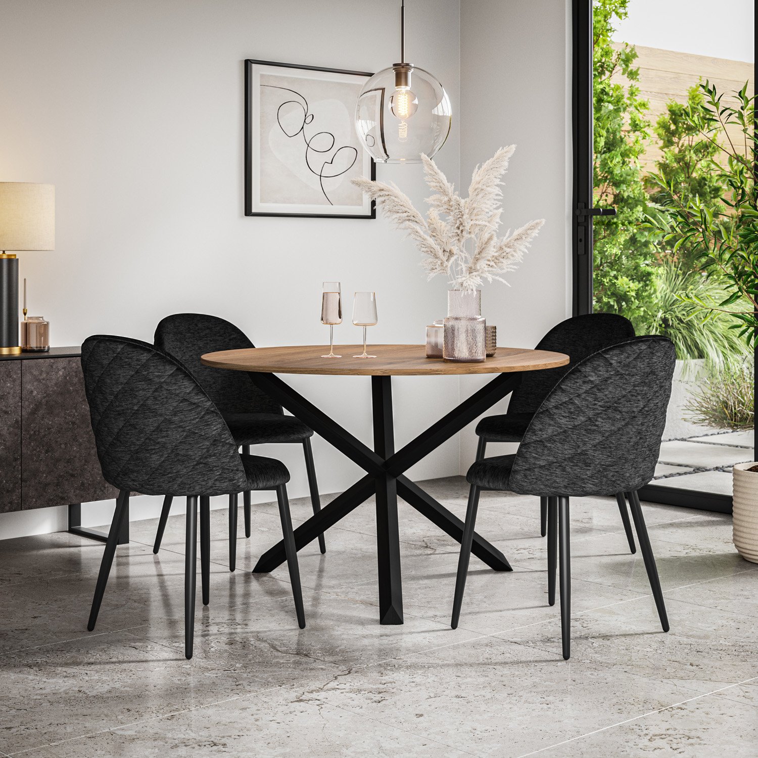 Furniture Online Malvern Oak Effect Dining Table & 4 Raye Black Chairs