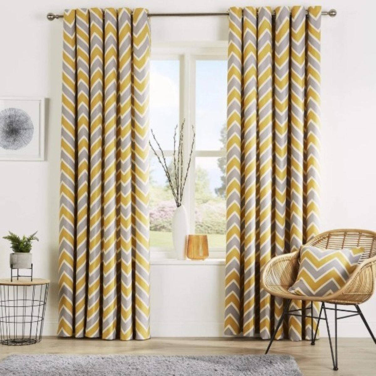 New Edge Blinds Ochre Chevron Eyelet Curtains - 117cm x 137cm