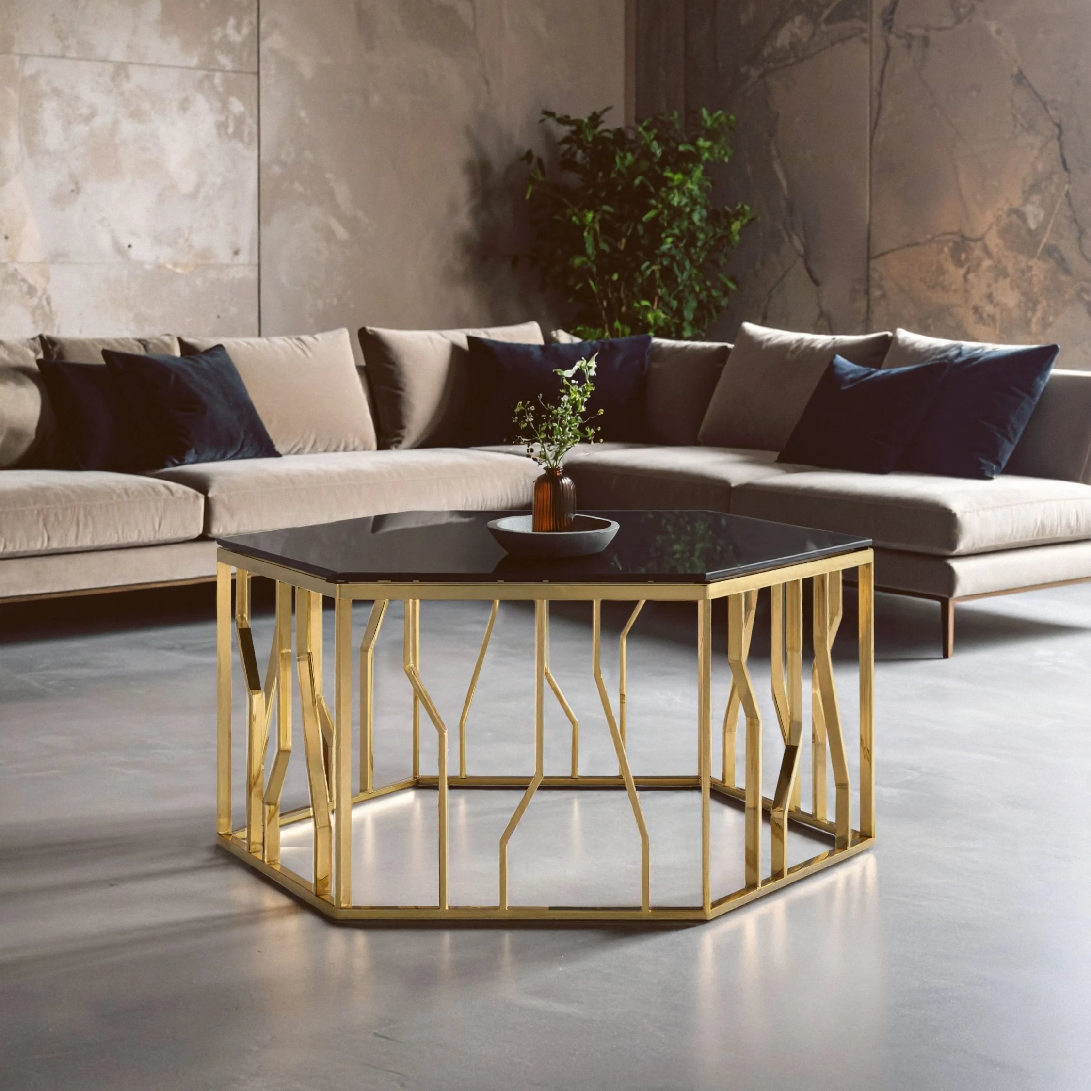 Orsina Alvaro Octagonal Glass Coffee Table - Black and Gold