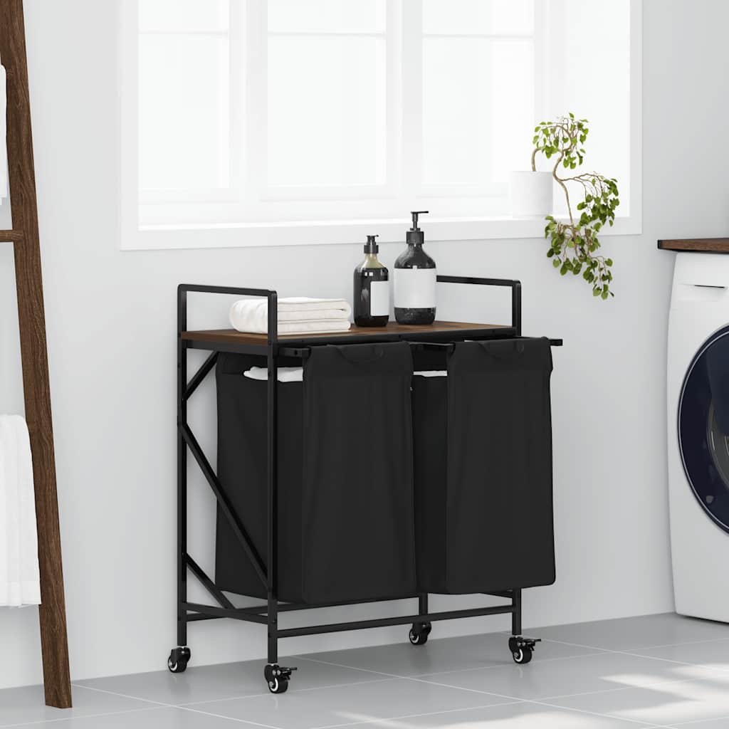 Walplus Laundry Basket 2 Compartments with Wheels - Brown - 67 x 33 x 82 cm