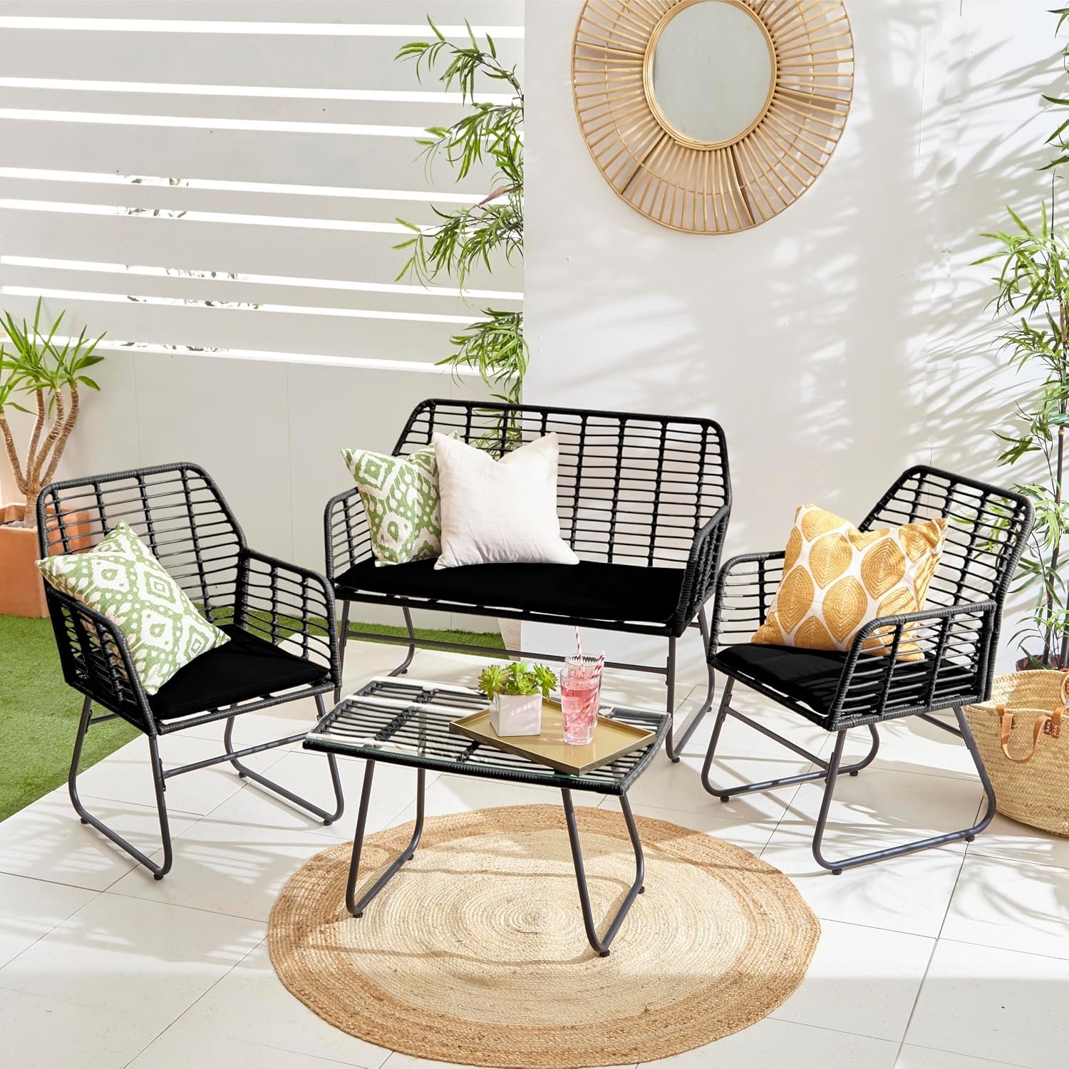 Neo Grey Bamboo Style Garden Sofa, Table & Chairs 4 Piece Set - Black