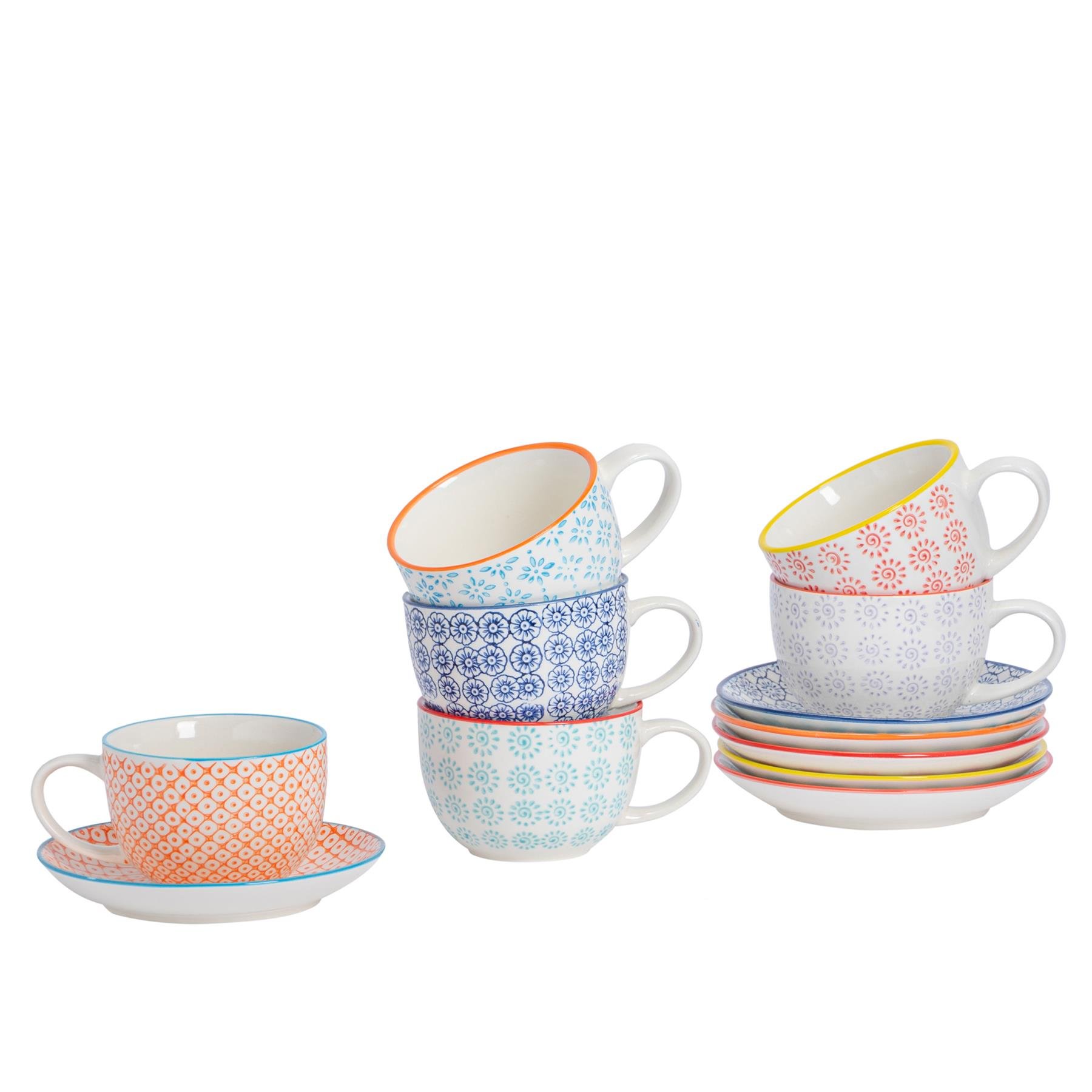 Nicola Spring 12pc Hand-Printed Cappuccino Cup & Saucer Set 250ml - 6 Colours
