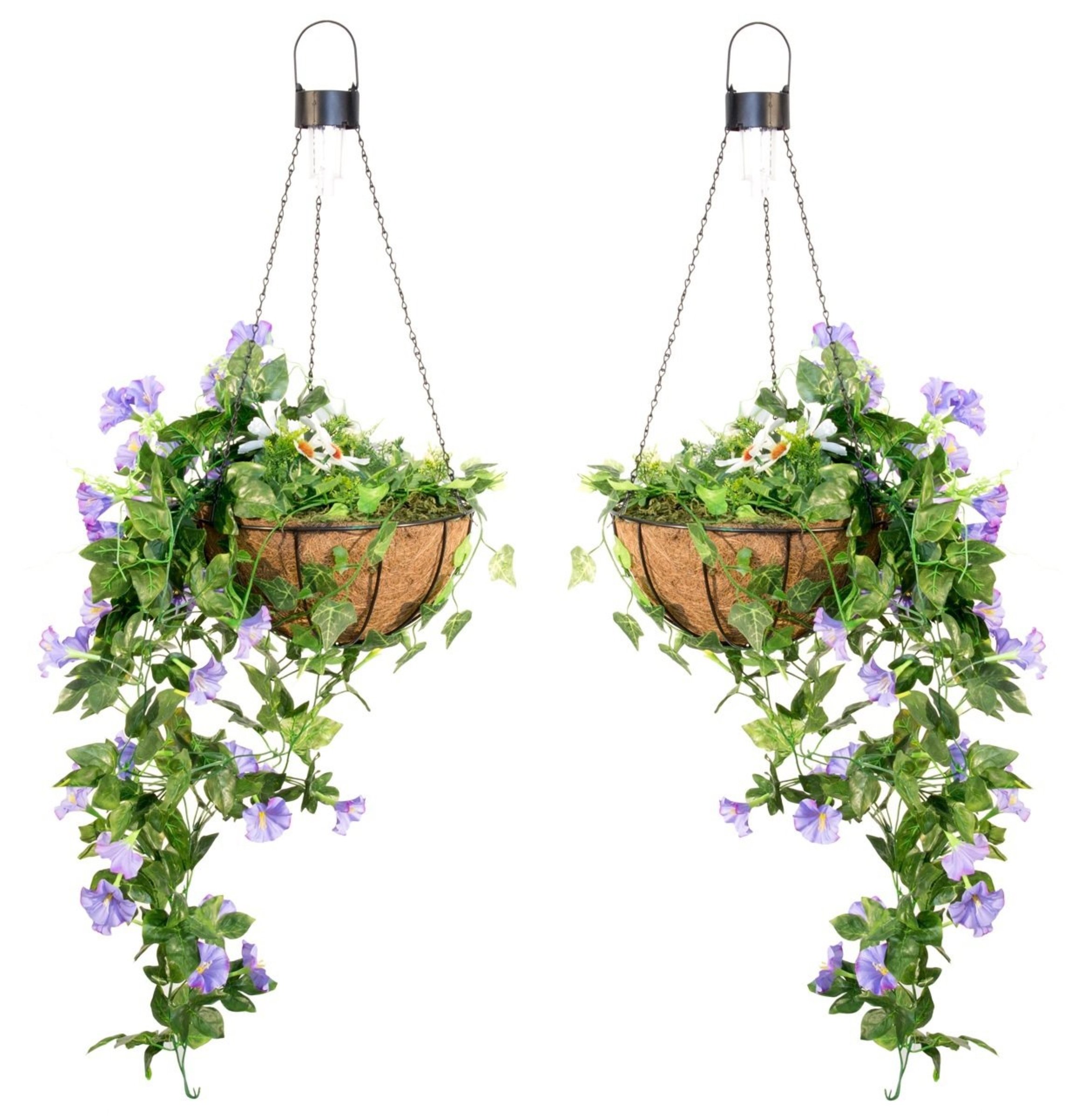 Primrose Pair of Artificial Duranta Flowers Hanging Basket with Solar Light 26cm