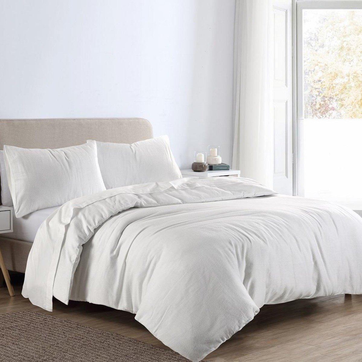 HomeSpace Direct Plain Dye Brushed White Duvet Cover Set - Double